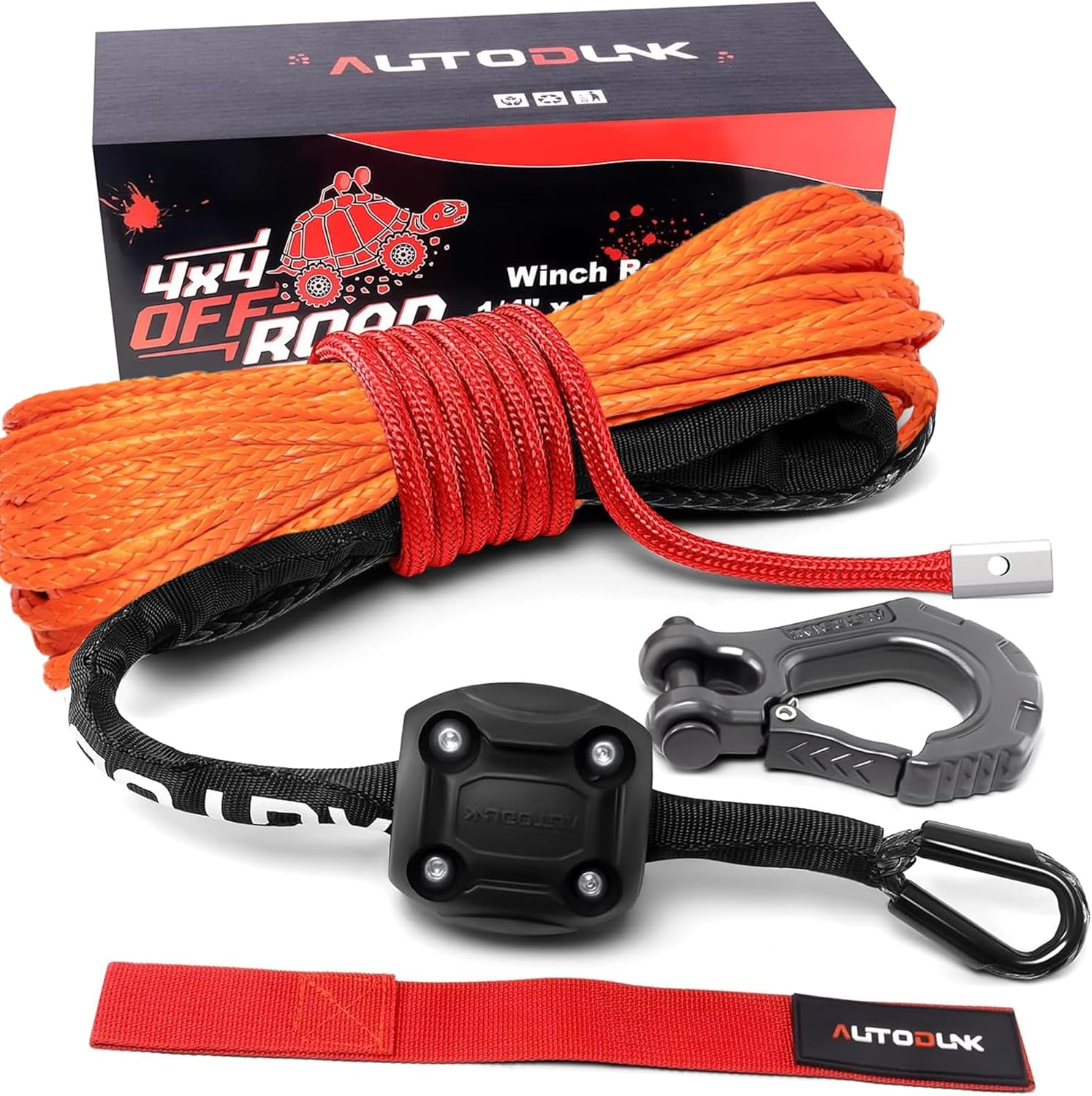 Synthetic Winch Rope - 1/4" x 50ft 10,000LBS Winch Line with Protective Sleeve, Forged Winch Hook and Rubber Stopper, Synthetic Winch Cable for 4WD ATV UTV Offroad Vehicles Orange