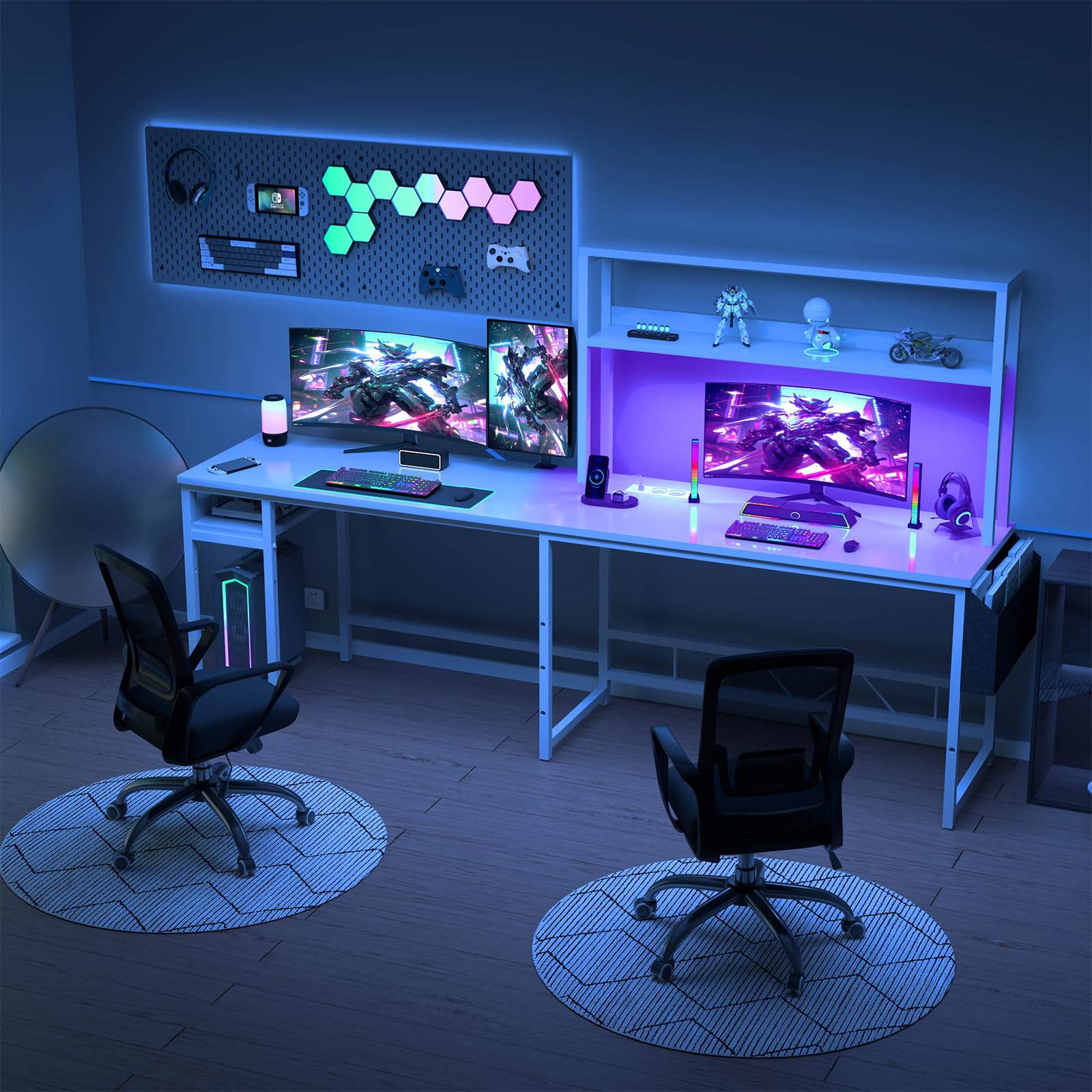 Devoko Escritorio de Juego con LED, Escritorio de Esquina Escritorio de Juego con 2 enchufes y 2 Puertos USB, Escritorio de Ordenador con Almacenamiento, Marco de Acero, 160 x 120 cm, Blanco
