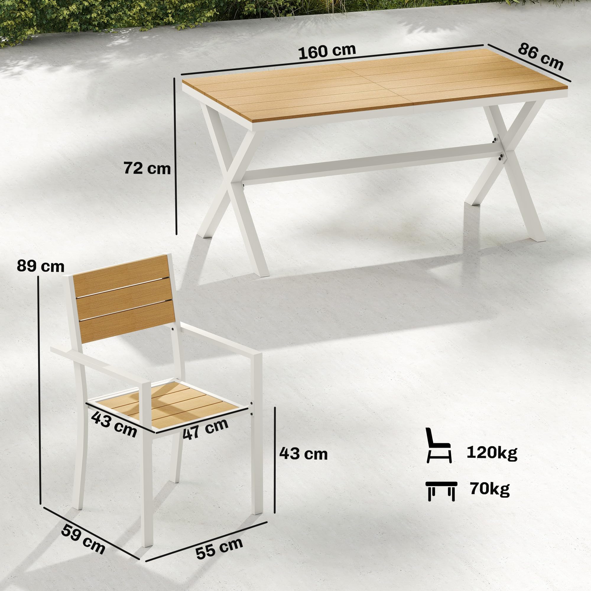 Outsunny Set Tavolo e Sedie da Giardino 7 Pezzi, Alluminio, 6 Sedie Impilabili, Tavolo Effetto Legno, Teak