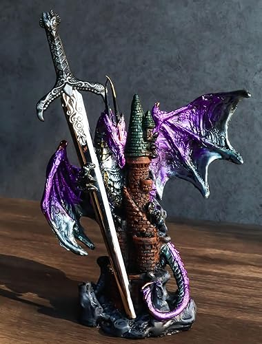 Miniatura 9 de Ebros Gift Legendario caballero blindado metálico púrpura del Pacífico con torre de castillo y espada gótica abrecartas estatuilla decorativa para