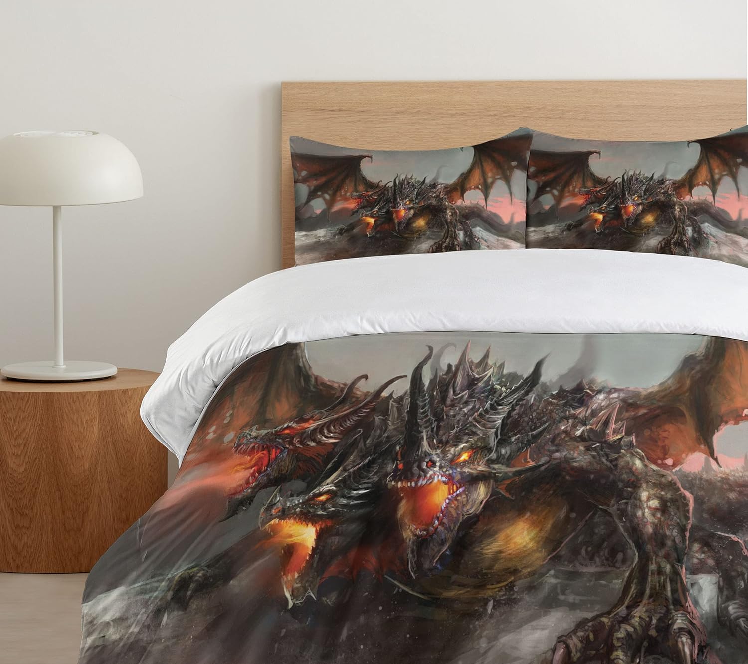 Ambesonne Fantasy World Duvet Cover Set, Illustration of 3 Headed Breathing Dragon Large Monster Gothic Theme, Decorative 3 Piece Bedding Set with 2 Pillow Shams, King Size, Brown Grey King Brown Grey