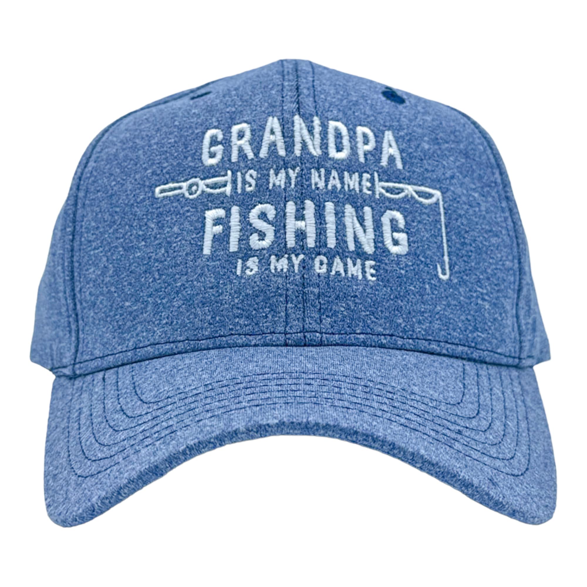Crazy Dog T-ShirtsGrandpa Is My Name Fishing Is My Game Hat Funny Fathers Day Fisherman Cap Crazy Dog Novelty Hats Perfect Birthday Father's Day for Dad For Fishers Soft Comfortable Funny Cap Heather Navy - FIS