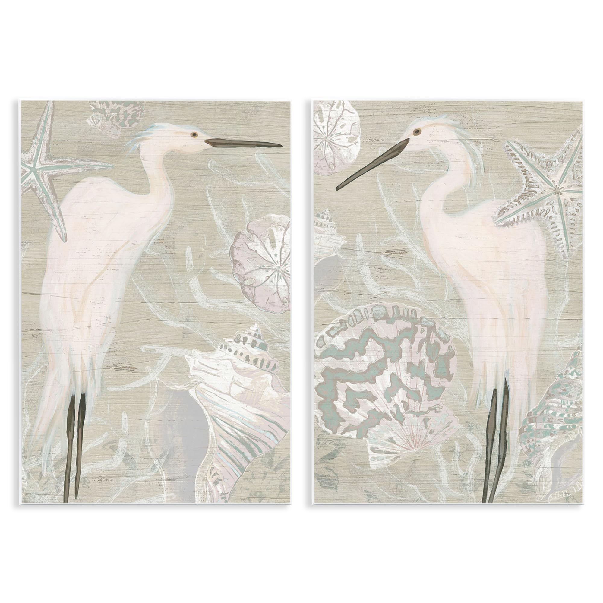 White Heron Nautical, 10 x 15 Inch Mounted Print on Wall Plaque Set