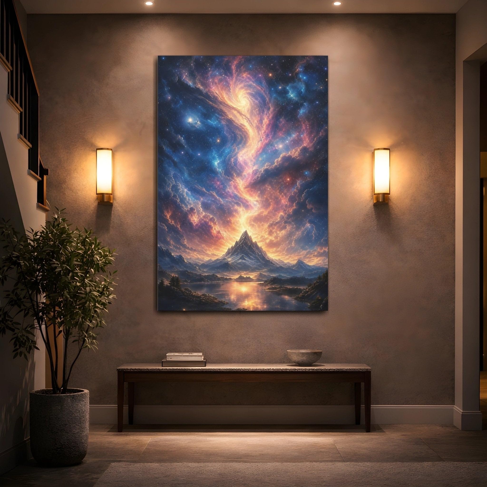 Science Fiction Celestial Mountain Orange Blue Canvas Print – Living Room, Above Couch, Multi-color 12×18 inch (30×45 cm) - Vertical / 1.25 inch (3 cm)