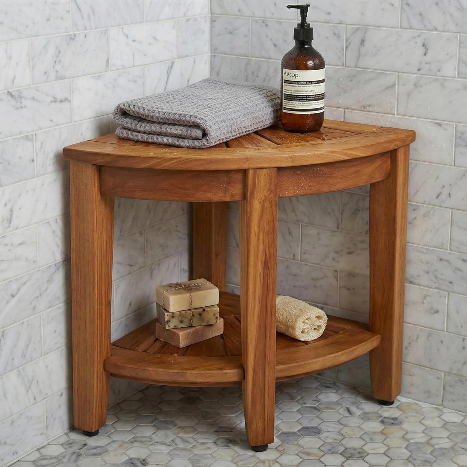 AquaTeak The Original 15.5" Kai Corner Teak Shower Bench with Shelf Original - With Shelf 15.5"D x 15.5"W x 18"H
