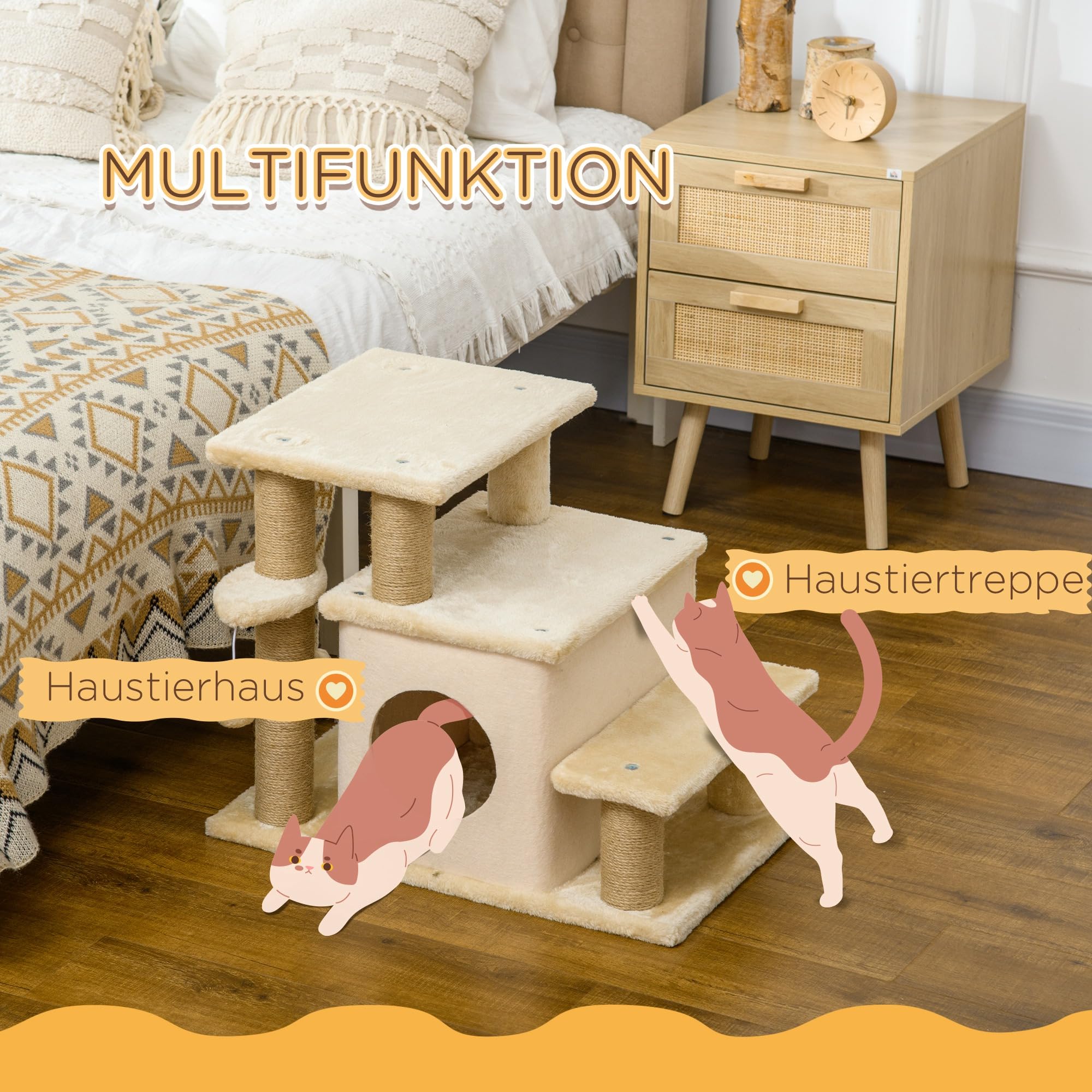 PawHut Hundetreppe 3/4 Stufen 66 cm Hoch Haustiertreppe mit Schlafhöhle, Rampe, Sipielball, Katzentreppe für mittelgroße Katze Hunderampe Einstiegshilfe für Bett, Sofa, Couch, Beige