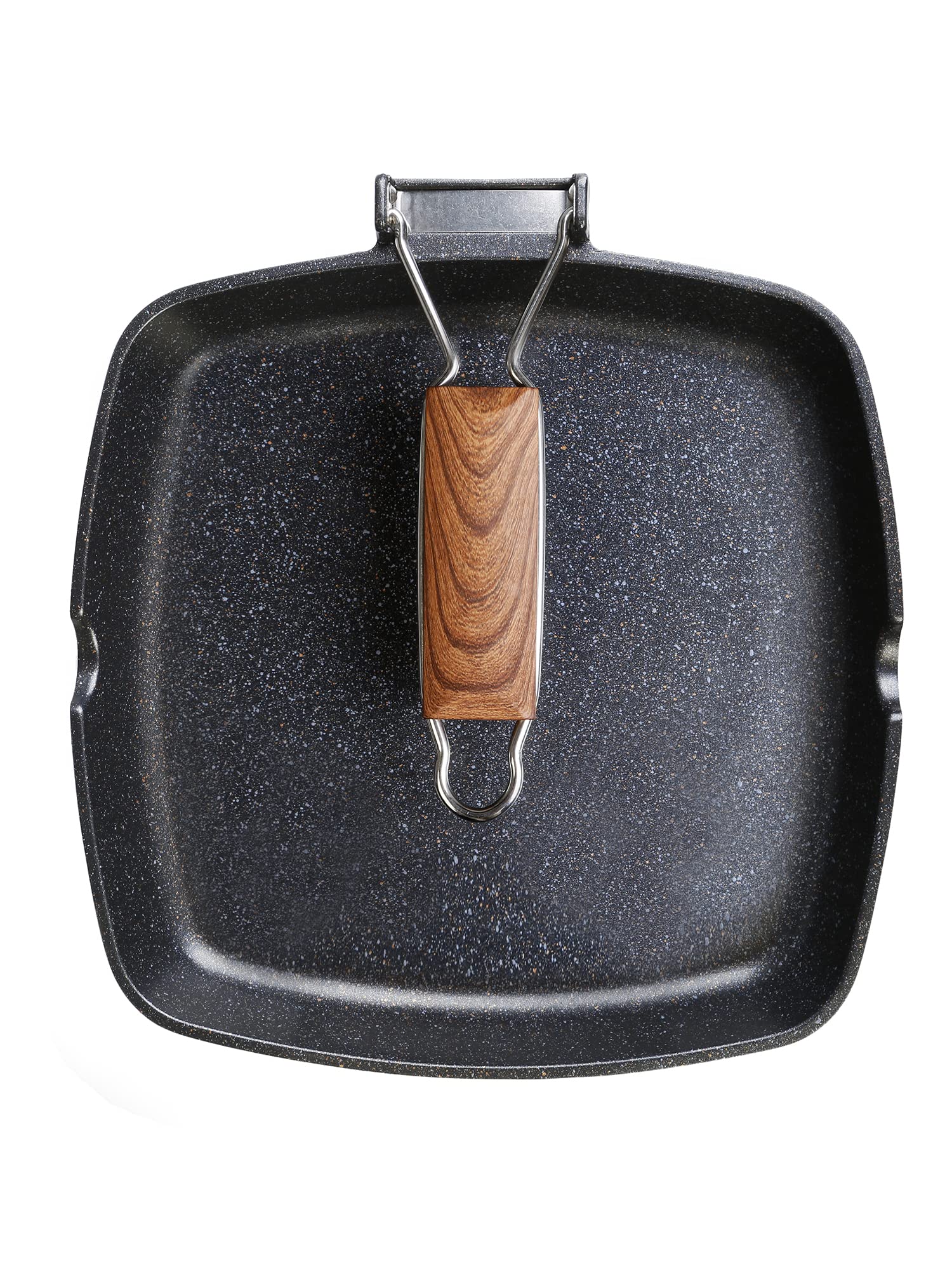 Grill Wecook EcoStone 34x24cm | Antiadherente ILAG Sin PFOA | Aluminio Fundido 5mm | Mango Madera Plegable | Apta Inducción Y Todas Las Cocinas