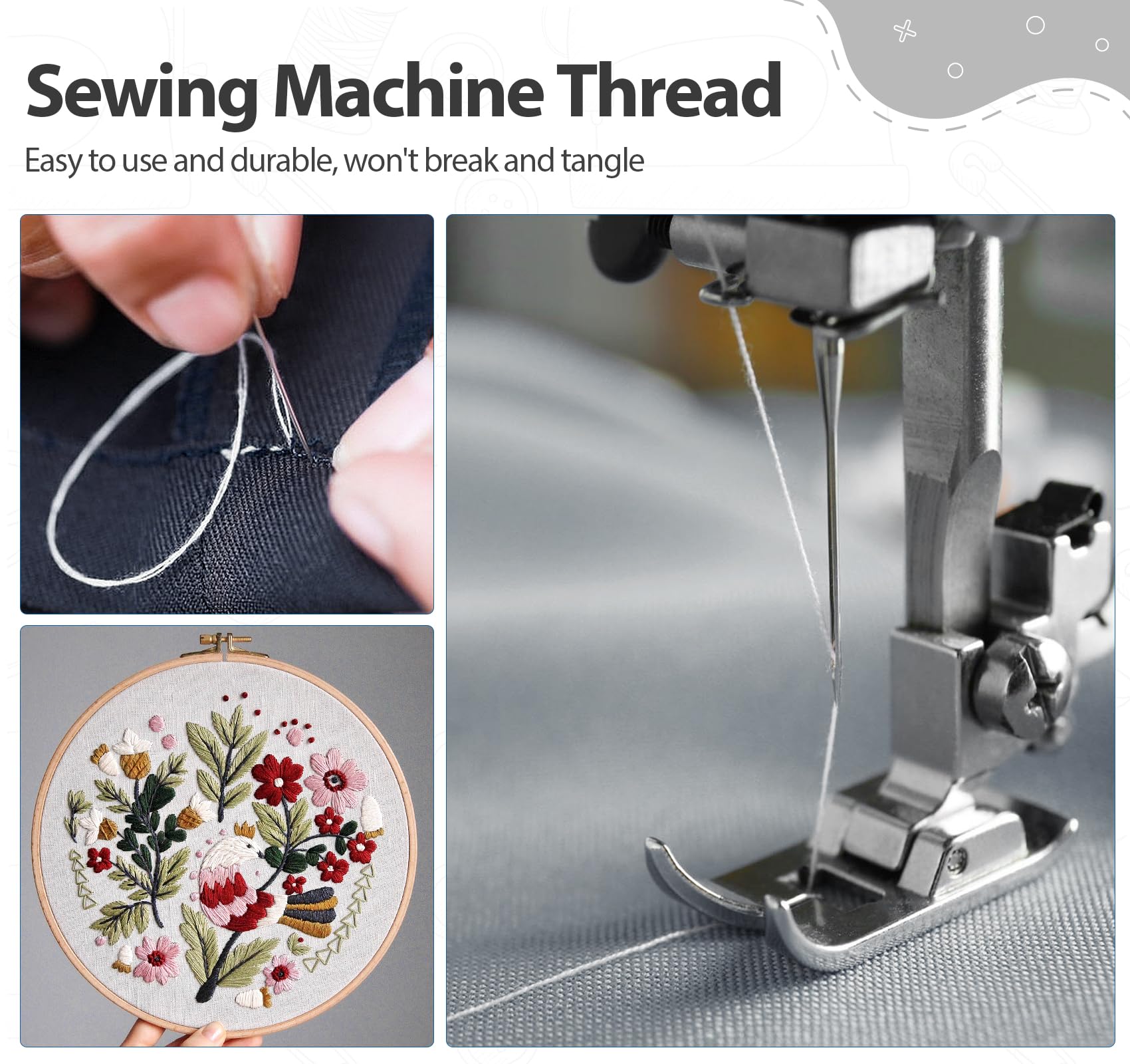 Serger Thread - Hilo de 4 conos de 3000 yardas cada carrete, hilo multiusos para costura, hilo de poliéster 40S/2 para Serger&Overlock, acolchado, piezas, máquina de coser, color blanco