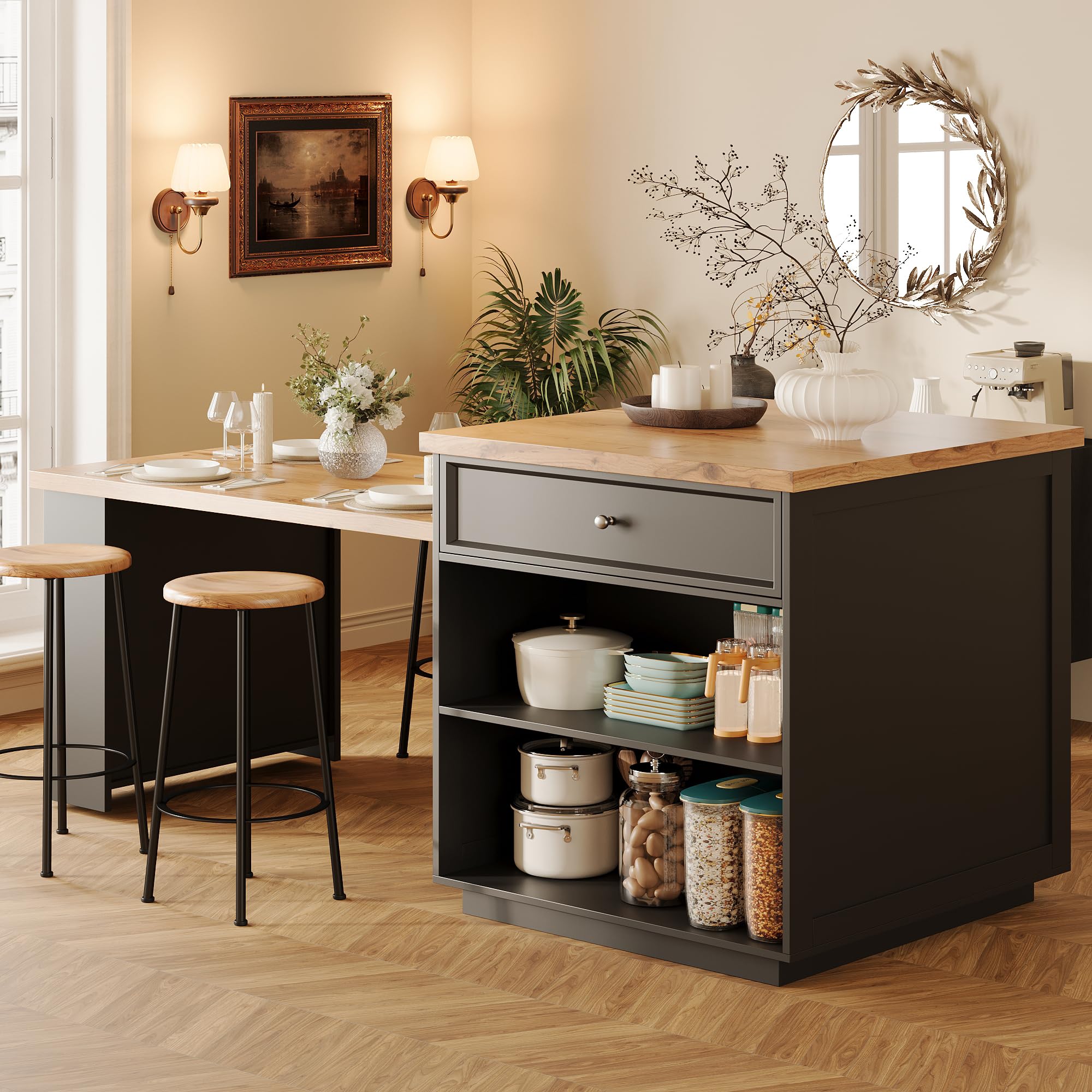 Îlot Central Cuisine Extensible avec 5 Tiroirs et Étagère Réglable, Grande Surface de Travail 120-184 cm, Meuble de Rangement sur roulettes pour Cuisine, Salle à Manger et Coin Repas (Noir)