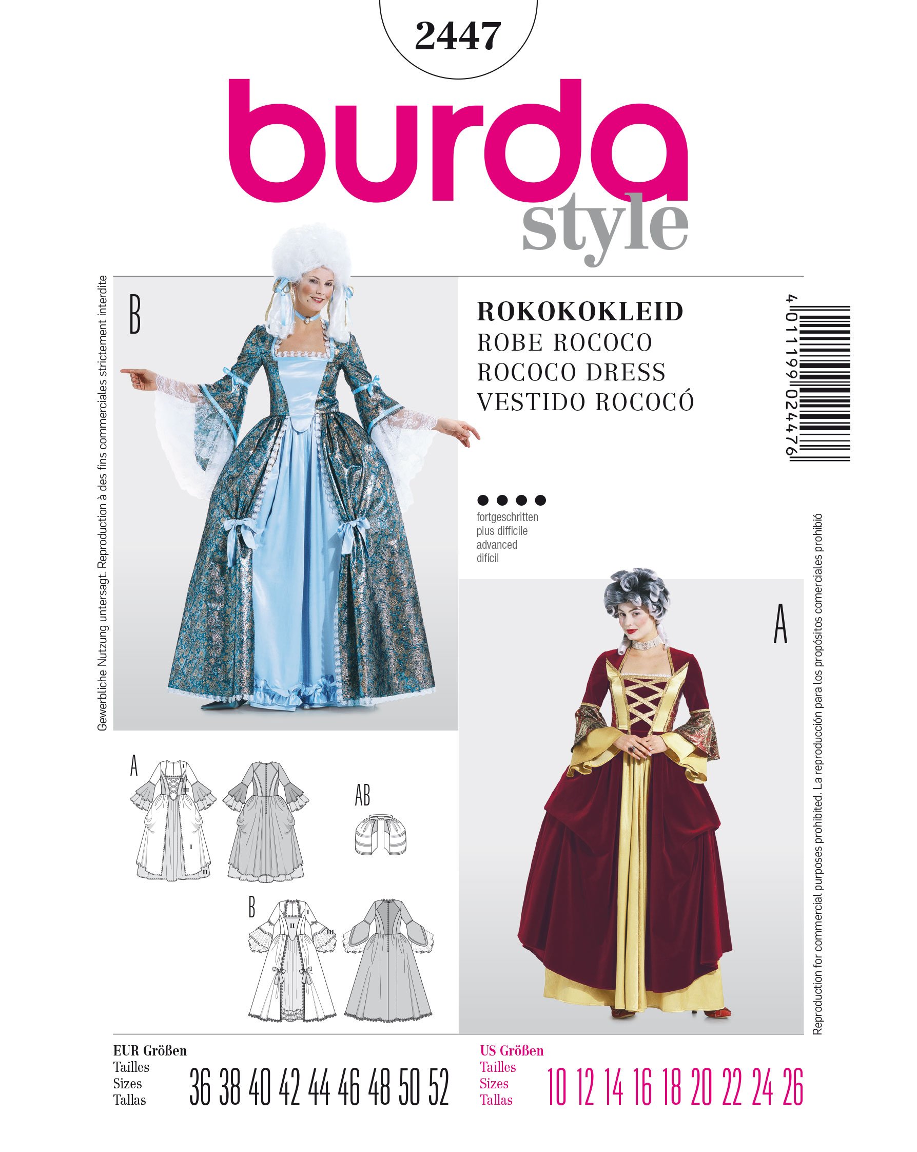 Burda B2447 Patron de Couture Robe Rococo 19 x 13 cm, 36-52, BLANC