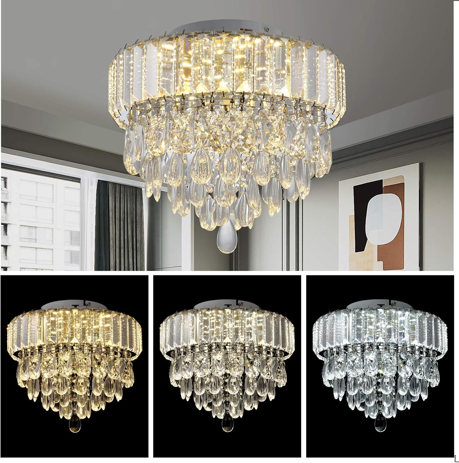 🛒 Crаzу Dеаlѕ Crystal Flush Mount Chandelier Modern Chrome Crystal Ceiling Light, D11.8" 5 Tiers 3 Way LED Dimmable Crystal Raindrop Close to Ceiling Light for Bedroom Dining Room Kitchen Island Entryway