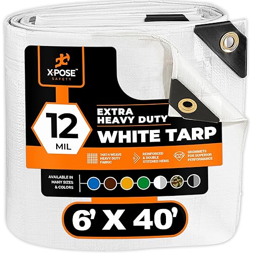 Heavy Duty White Poly Tarp 6' X 40' - Multipurpose Protective Cover - Durable, Waterproof, Weather Proof, Rip and Tear Resistant - Extra Thick 12 Mil Polyethylene - by Xpose Safety