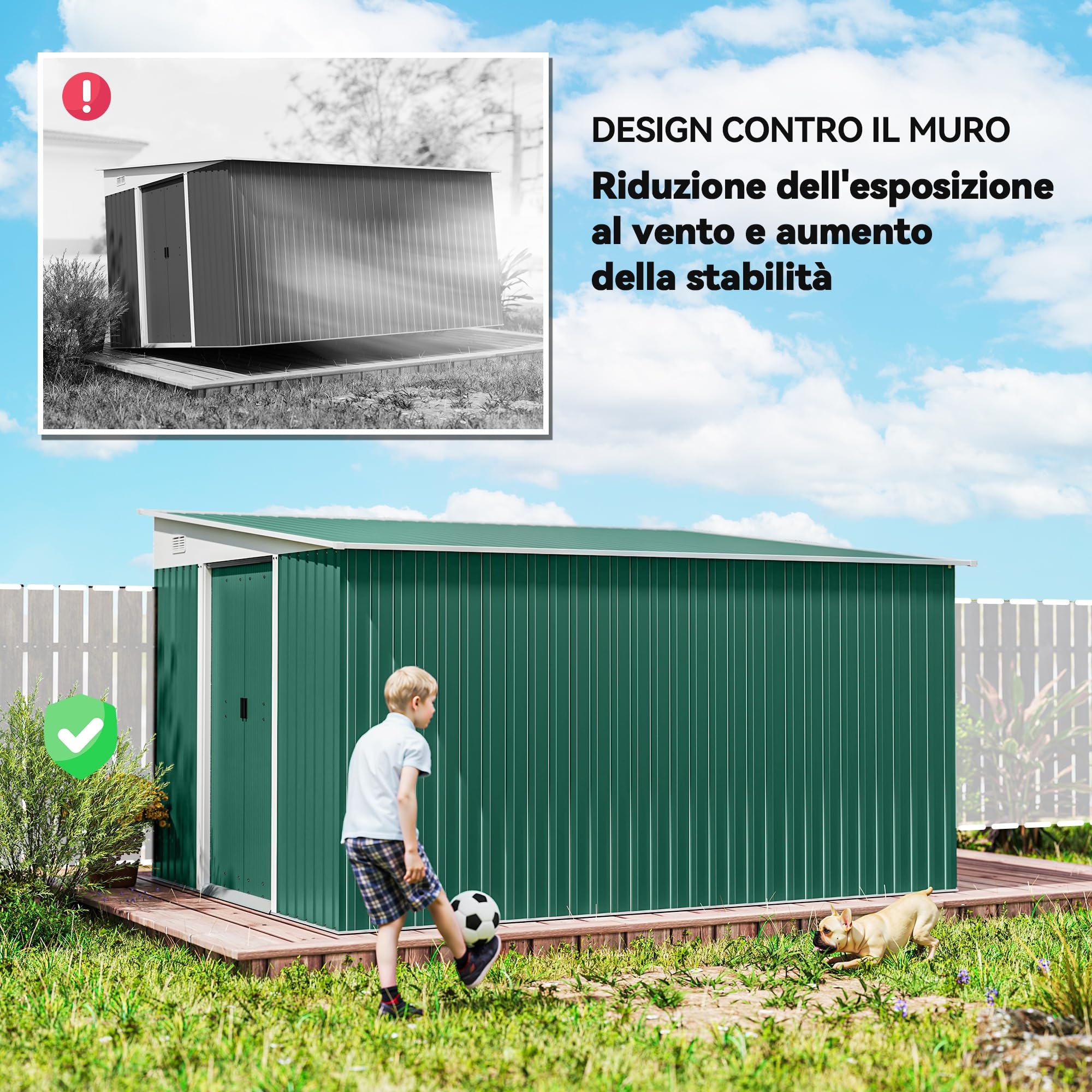Outsunny Casetta da Giardino 8.9m² in Acciaio Zincato con 2 Prese d'Aria, Capanno Porta Attrezzi con Tetto Inclinato, Doppie Porte Scorrevoli Bloccabili e Guanti, 280x345x169/201cm, Verde