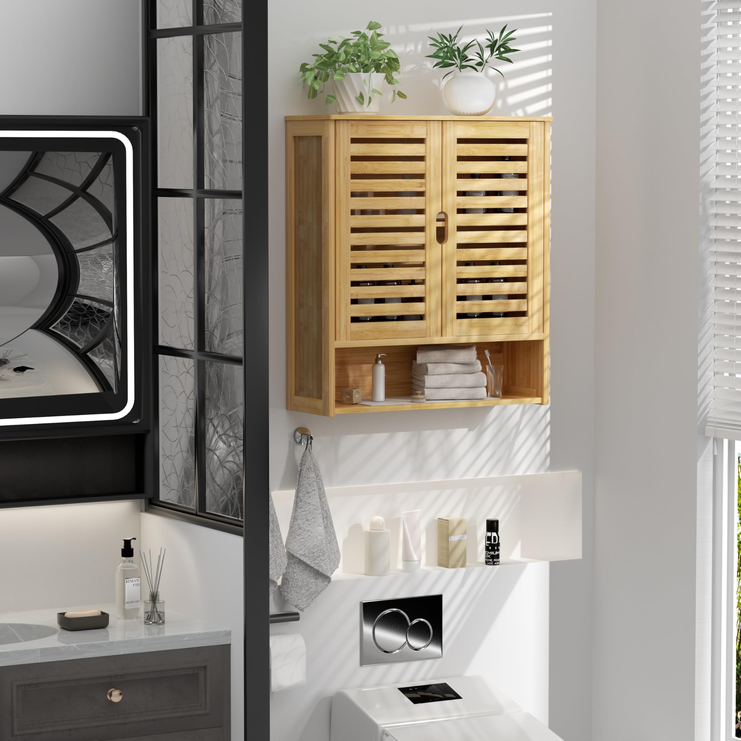 unho Meuble Salle de Bain Mural: Armoire Toilette Suspendu en Bambou Naturel Placard WC 2 Portes Rangement Cuisine Murale avec Étagères Réglables - 59x20.5x66.5 cm