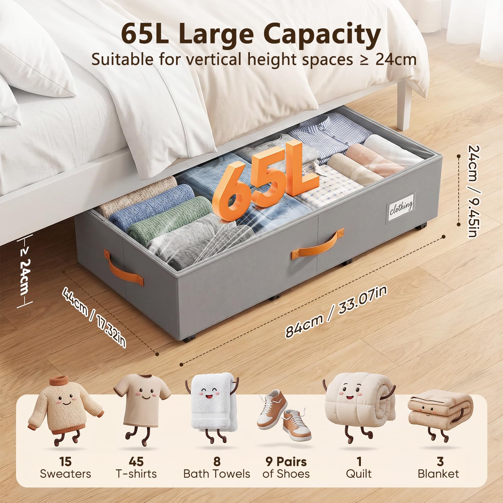 2er-Set Unterbett-Aufbewahrungsbox 65L, mit Rädern & Sichtfenster | 600D Oxford-Stoff mit MDF-Verstarkung – formstabil, reißfest & staubdicht, 84×44×24cm – passt unter Bett, Sofa & Schreibtisch
