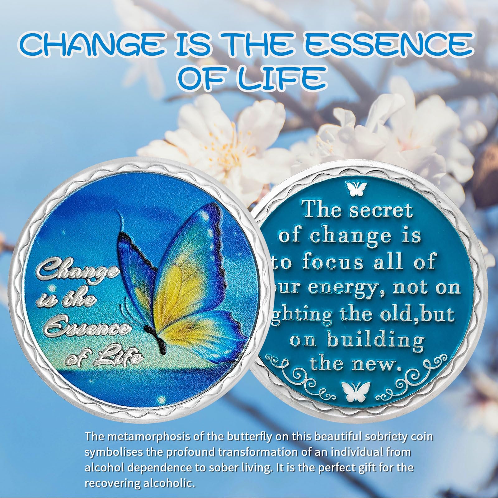 AtSKnSK Puce de sobriété papillon bleu Le secret du changement Pièce de sobriété Médaillon des Alcooliques Anonymes Puces AA et médaillon Pièce de prière de sérénité Pièces de récupération Jeton d'an