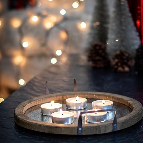 Miniatura 2 de Stonebriar Bandeja redonda de madera marrón con asas de metal y espejo envejecido, bandeja rústica de servicio de mayordomo, centro de mesa vintage