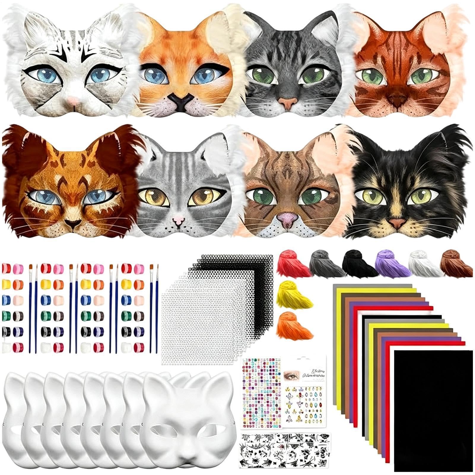 Kit Maschera Gatto Copertura viso con colori, occhi e adesivi baffi | 124 Pezzi Base Maschera Animale per Halloween, Cosplay, Masquerade, Natale e Carnevale