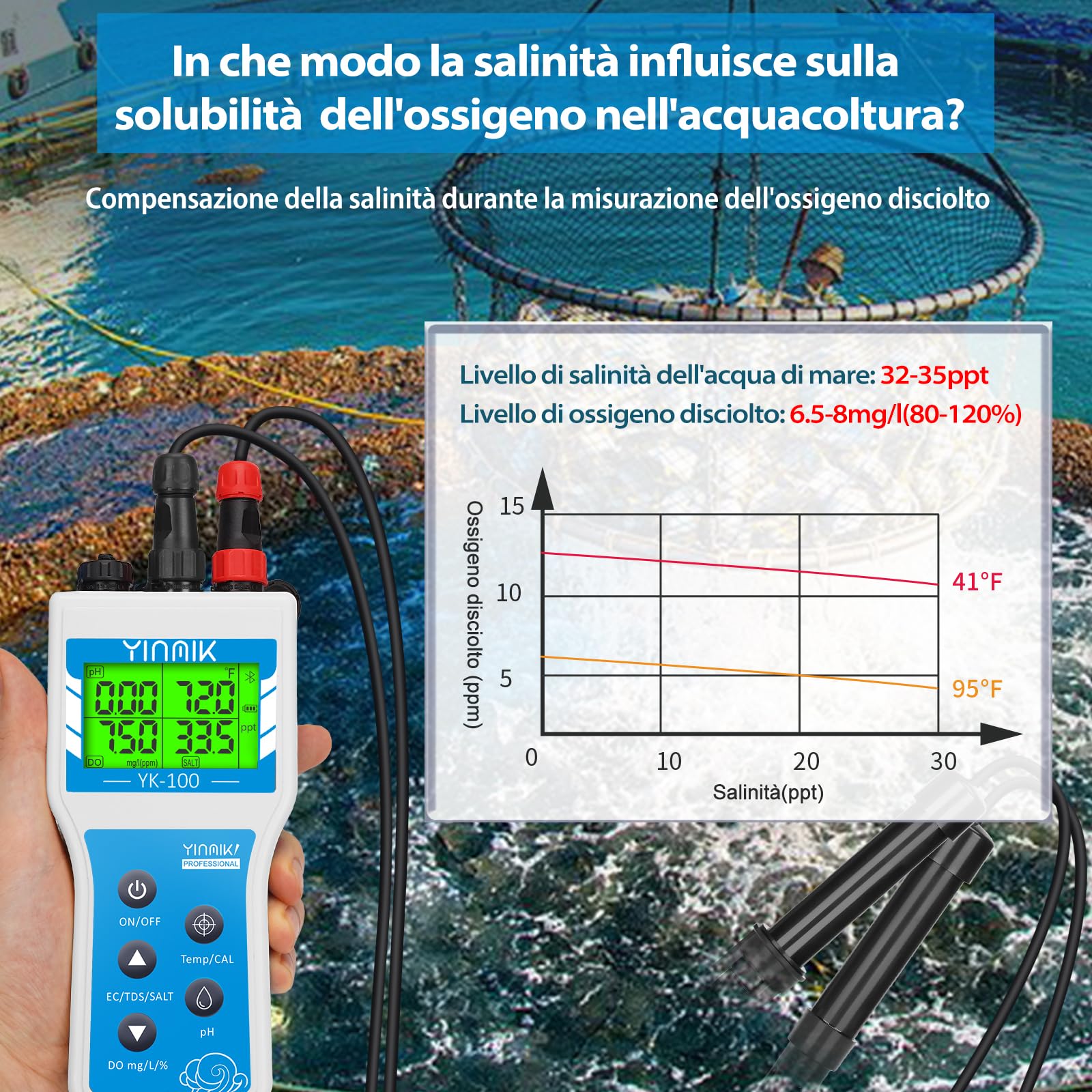 YINMIK Misuratore Ossigeno Disciolto Portatile DO Intelligente 6 in 1 | Compensazione Salinità e Altitudine, Tester pH DO SALE EC TDS, Monitor Ambiente Acquacoltura, Laghetti Koi