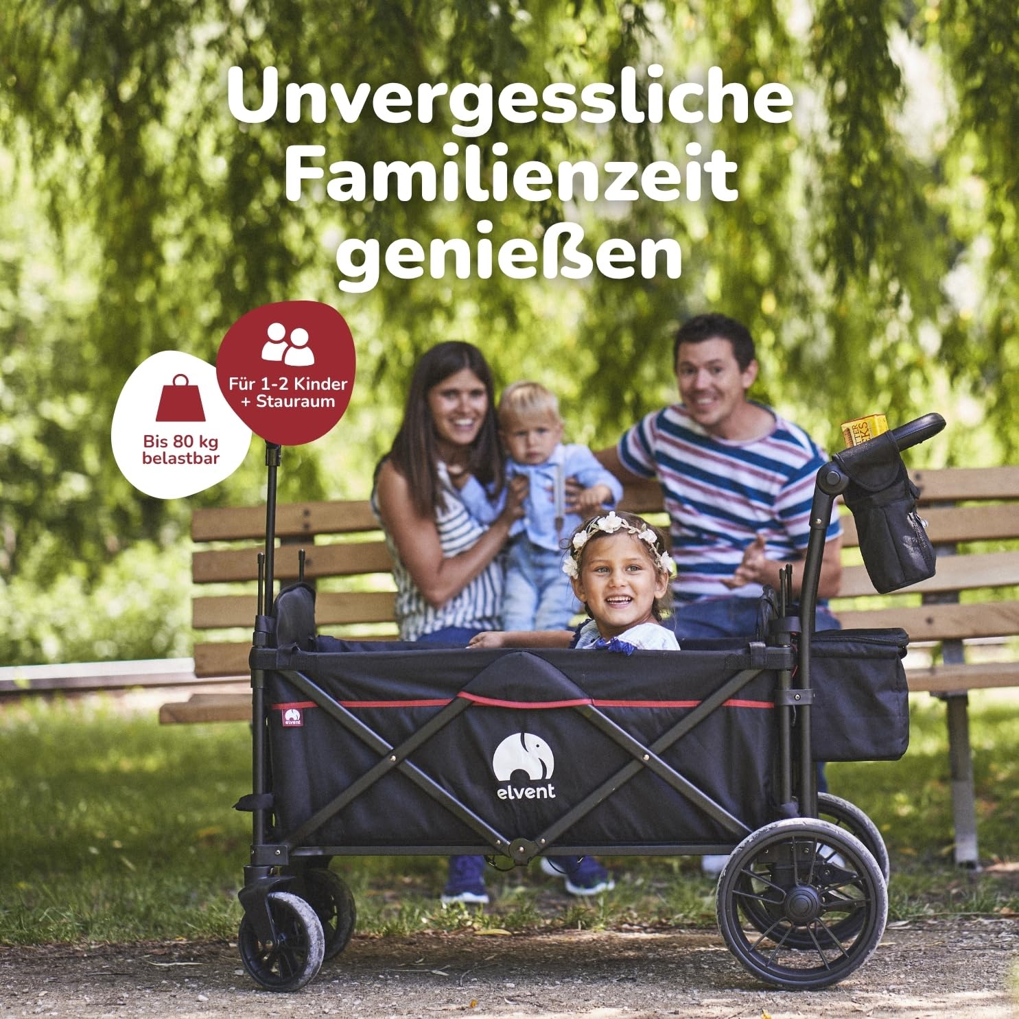 elvent® City SmartCruiser Bollerwagen - Handwagen faltbar mit Dach I Sitzpolster, Hecktasche, Feststellbremse, PU-Reifen, 5-Punkt-Gurt I für 2 Kinder | Teleskop-Zugstange (Grau)