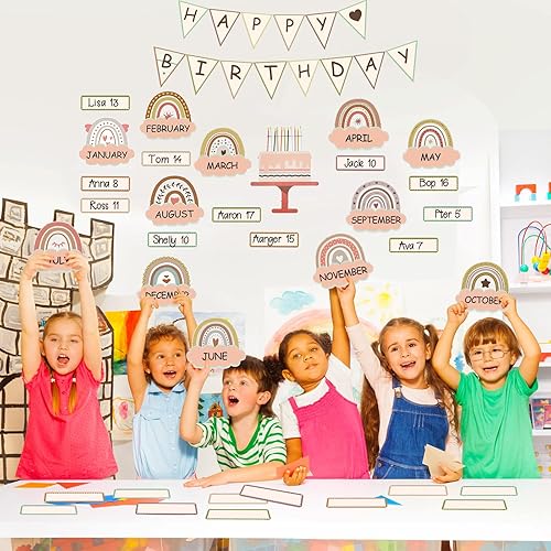 Miniatura 3 de Juego de 60 piezas de decoración bohemia para tablón de anuncios de cumpleaños, tablero de anuncios de arcoíris, decoración de pared, recortes para