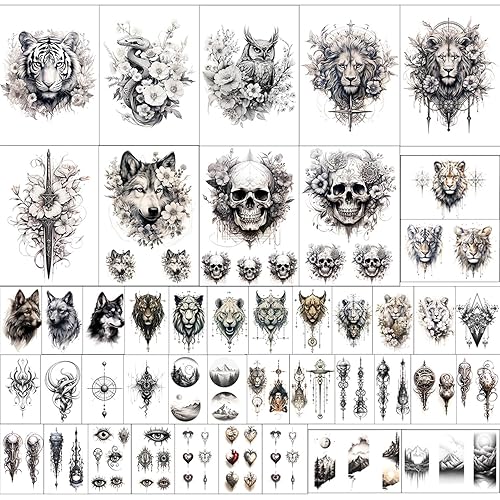 Miniatura 2 de GLARYYEARS Tatuaje temporal para hombres adultos, paquete de 44 tatuajes realistas de tamaño grande y pequeño, calcomanías de tatuaje falso de larga