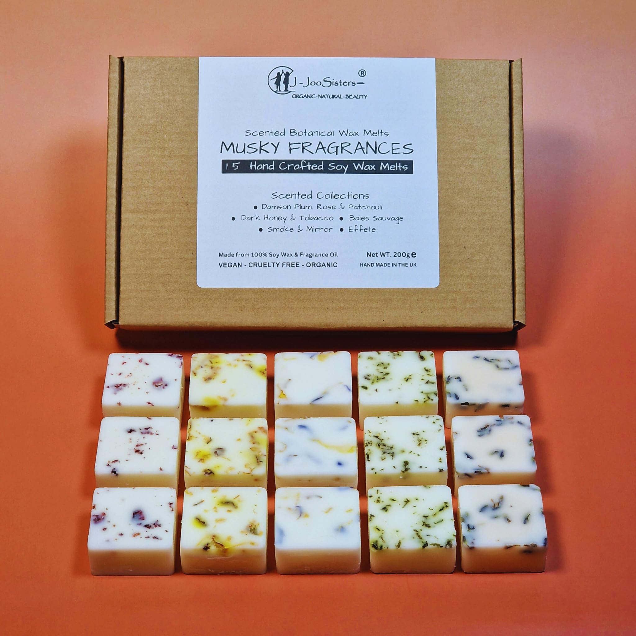 Musky Fragrance - Highly Scented Botanical Wax Melts Collections (15 x 13.5g Hand Crafted) - Vegan Friendly & Cruelty Free - Plastic Free - Provide 8 to 10hrs scents/cube - Made in the UK (Musky) — image 1