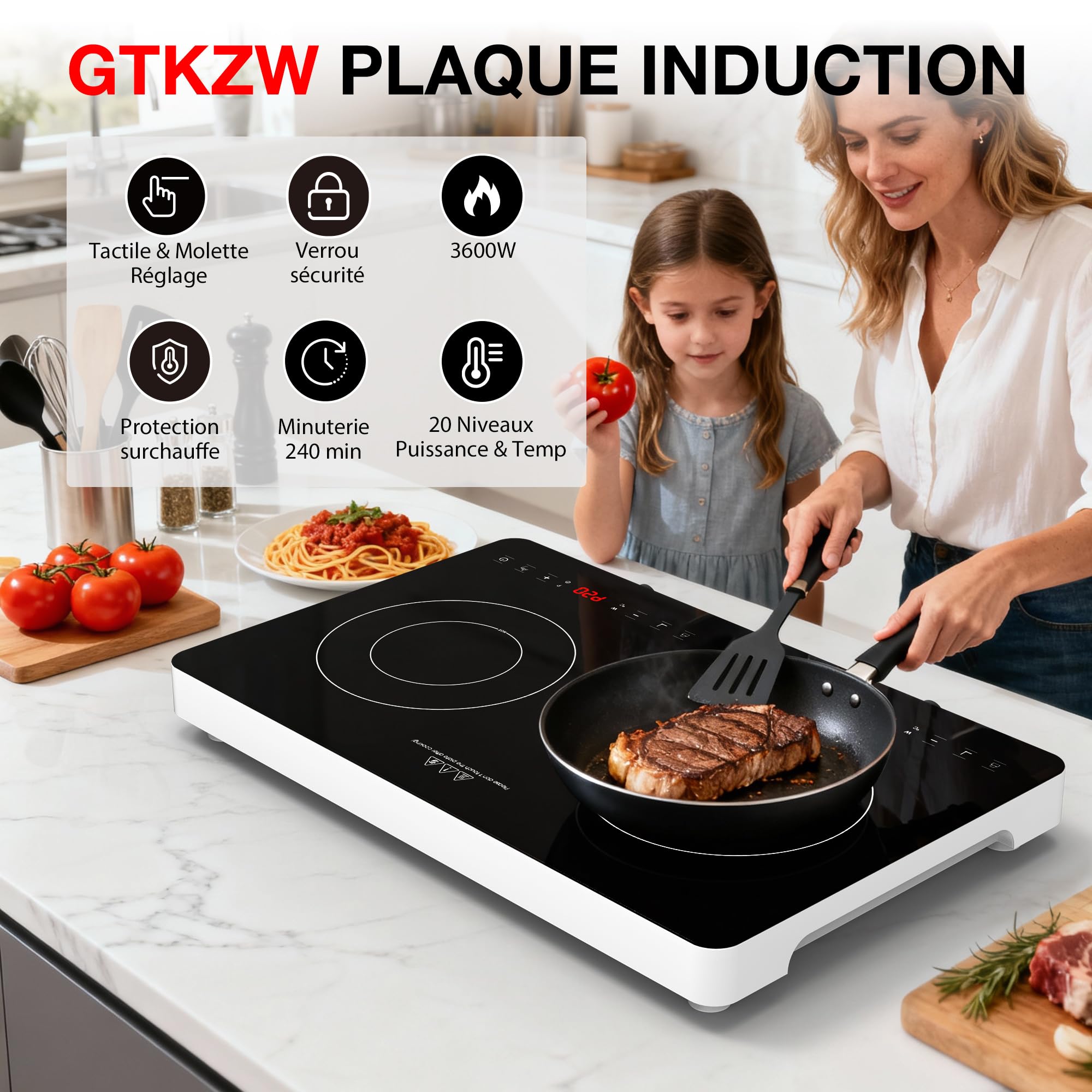 Induction Hob with 2 Burners 3600 W, 57 cm Electric Hob with Touch Control and Wheel Control, 20 Levels, Child Safety, Stove for Kitchen and Apartment