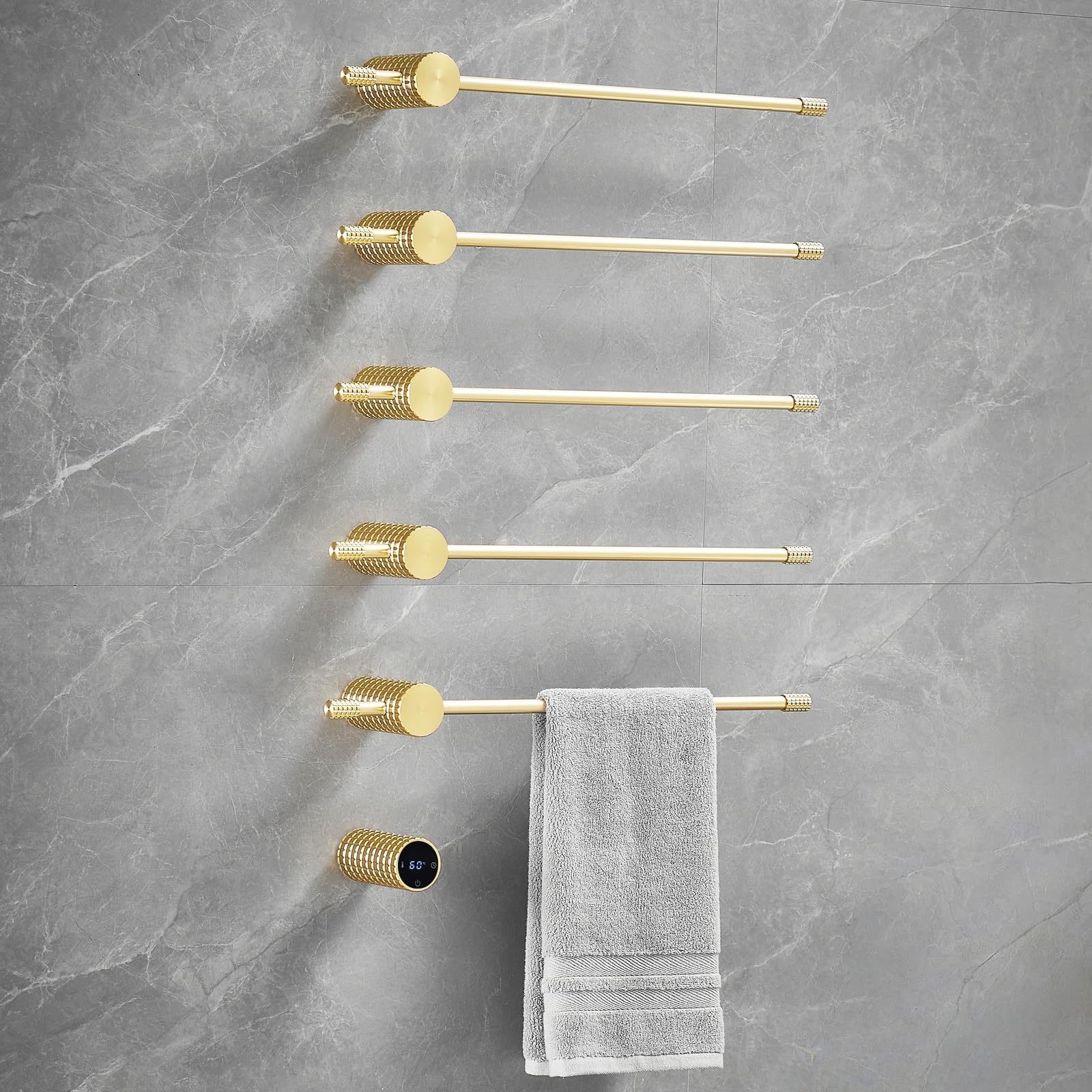 Towel Warmer Rack, Gold 5-Bar Aluminum Alloy, Heated Towel Rack for Bathroom, Hidden wiring/Support Hardwired Heated Towel Rail, With Timer and Temperature Adjustment, Overheat Protection Function