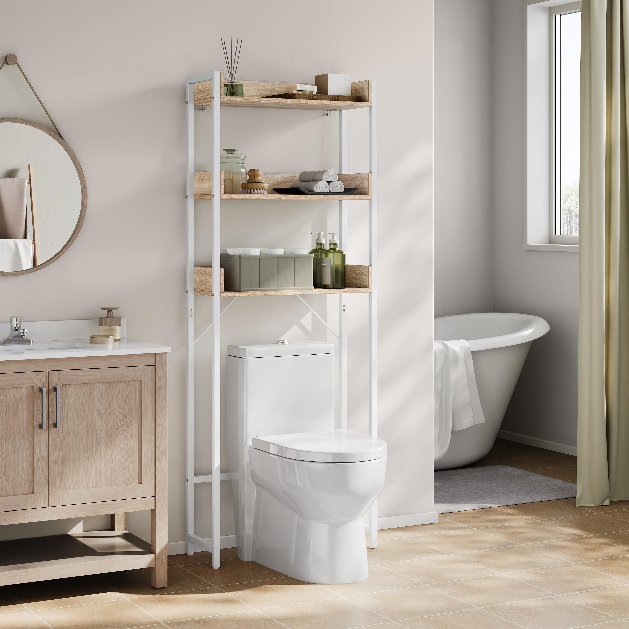EUGAD Meuble WC, Étagère Machine à Laver, à 3 Niveaux, au-Dessus des Toilettes, Gain d'Espace, pour Salle de Bain, Buanderie, en Bois d'Ingénierie et Métal, Chêne Clair + Blanc, 63x25x166,5cm