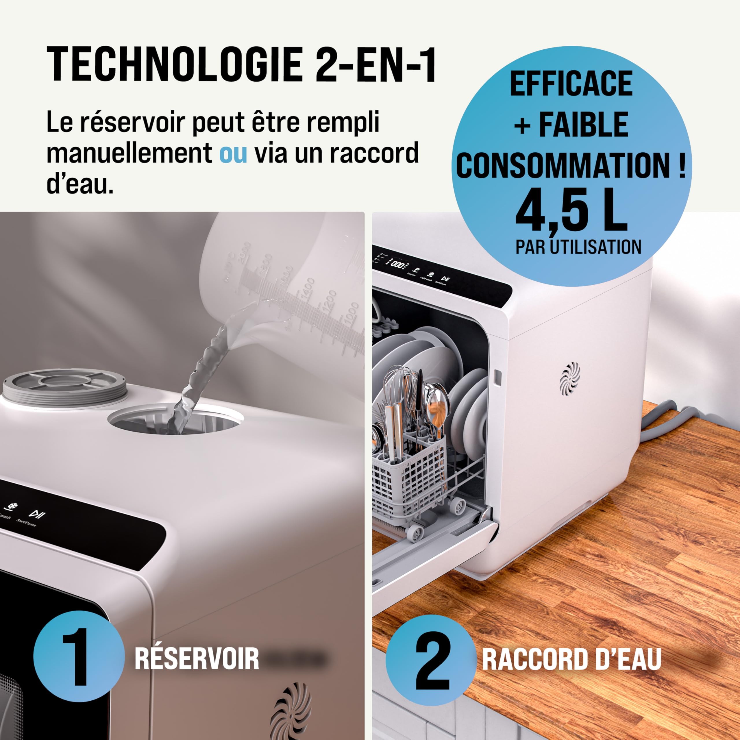 MONZANA® Mini lave-vaisselle Noir-blanc Réservoir d'eau 4,5L lave vaisselle de table 3 couverts App WIFI étudiants couples