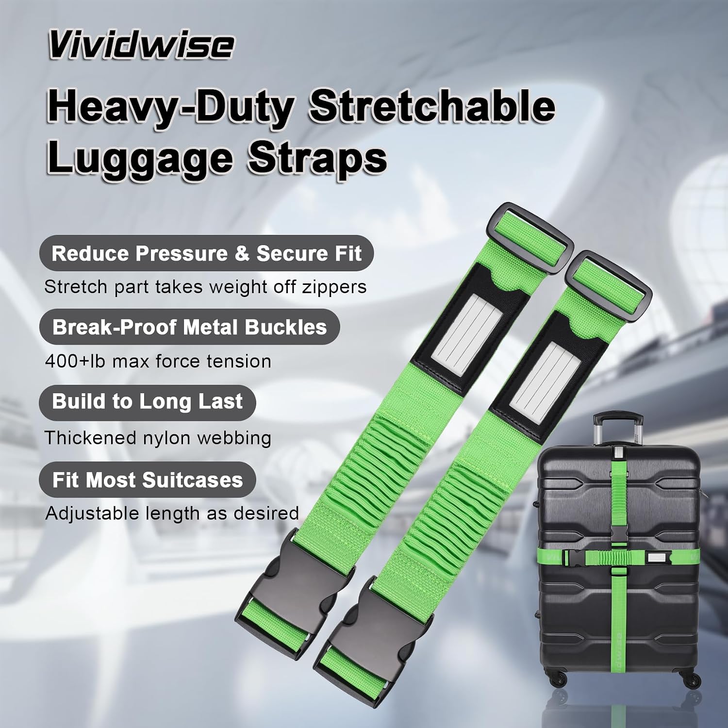 Luggage Straps for Suitcases, Stretchable TSA Approved Suitcase Connector Straps, Heavy Duty Luggage Attachment Belt, Adjustable Suitcase Strap Belt 2 Pack