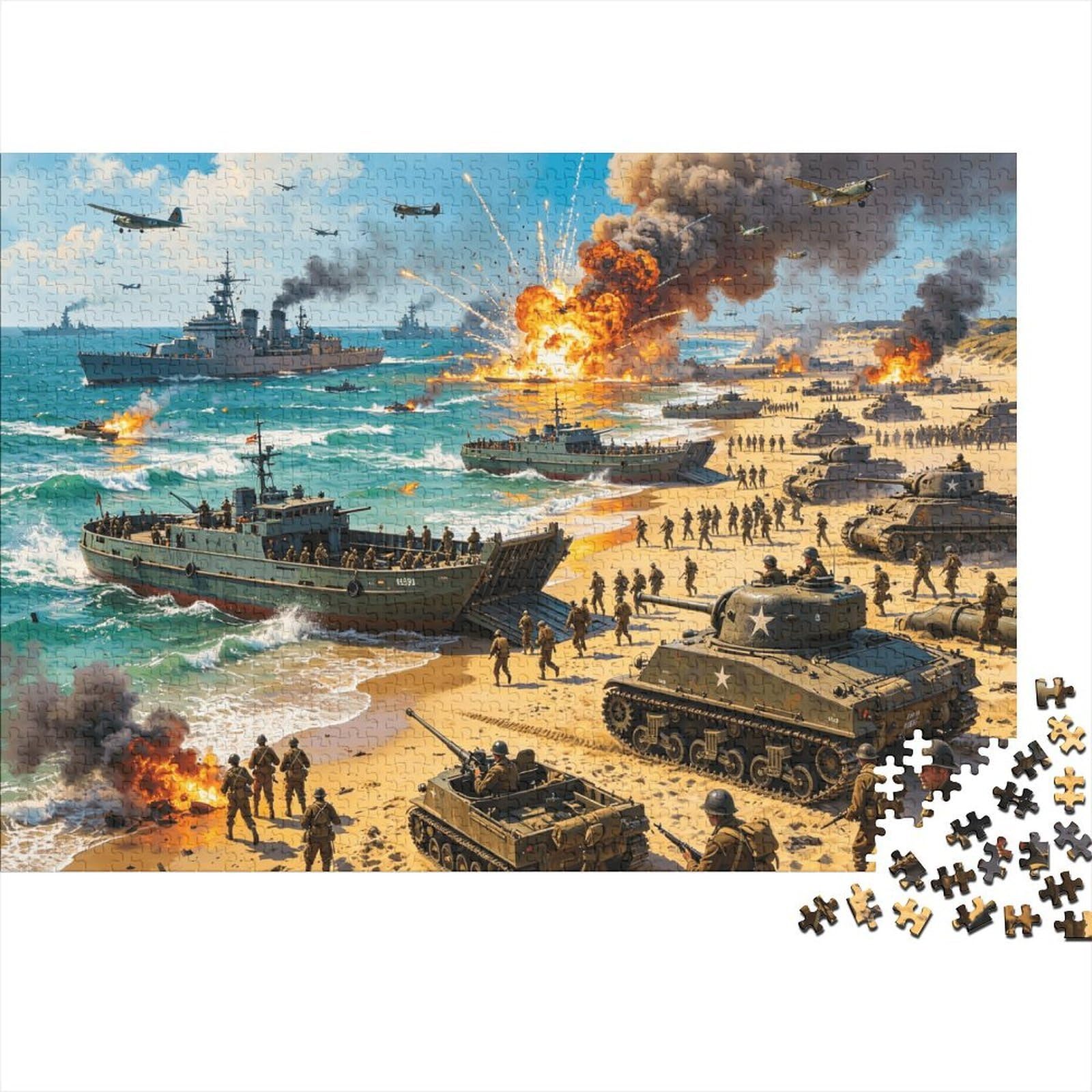 WW2 Battle Scene Jigsaw Puzzles 1000 Piece Recycled Normandy-Landing Puzzle for Adults Puzzle Game Props Impossible Hard Difficult Challenging Fun Game 38x26cm/1000pcs