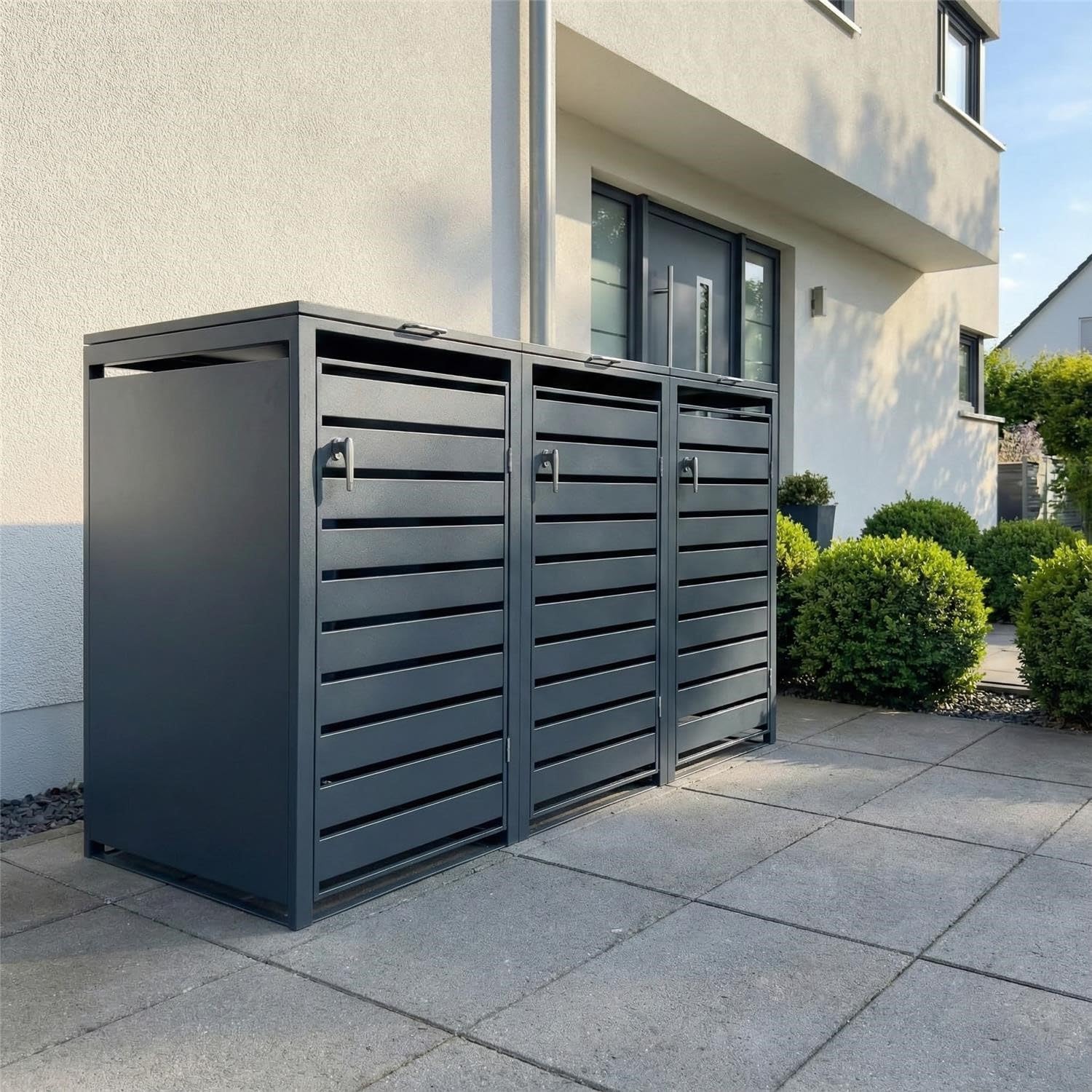 Metzler Mülltonnenbox in Anthrazit mit Sichtstreifen 3er 240L, Mülltonnenverkleidung 3 Tonnen, witterungsbeständiger und pulverbeschichteter Stahl mit Automatikdeckel, abschließbar, Garten- & Müllbox