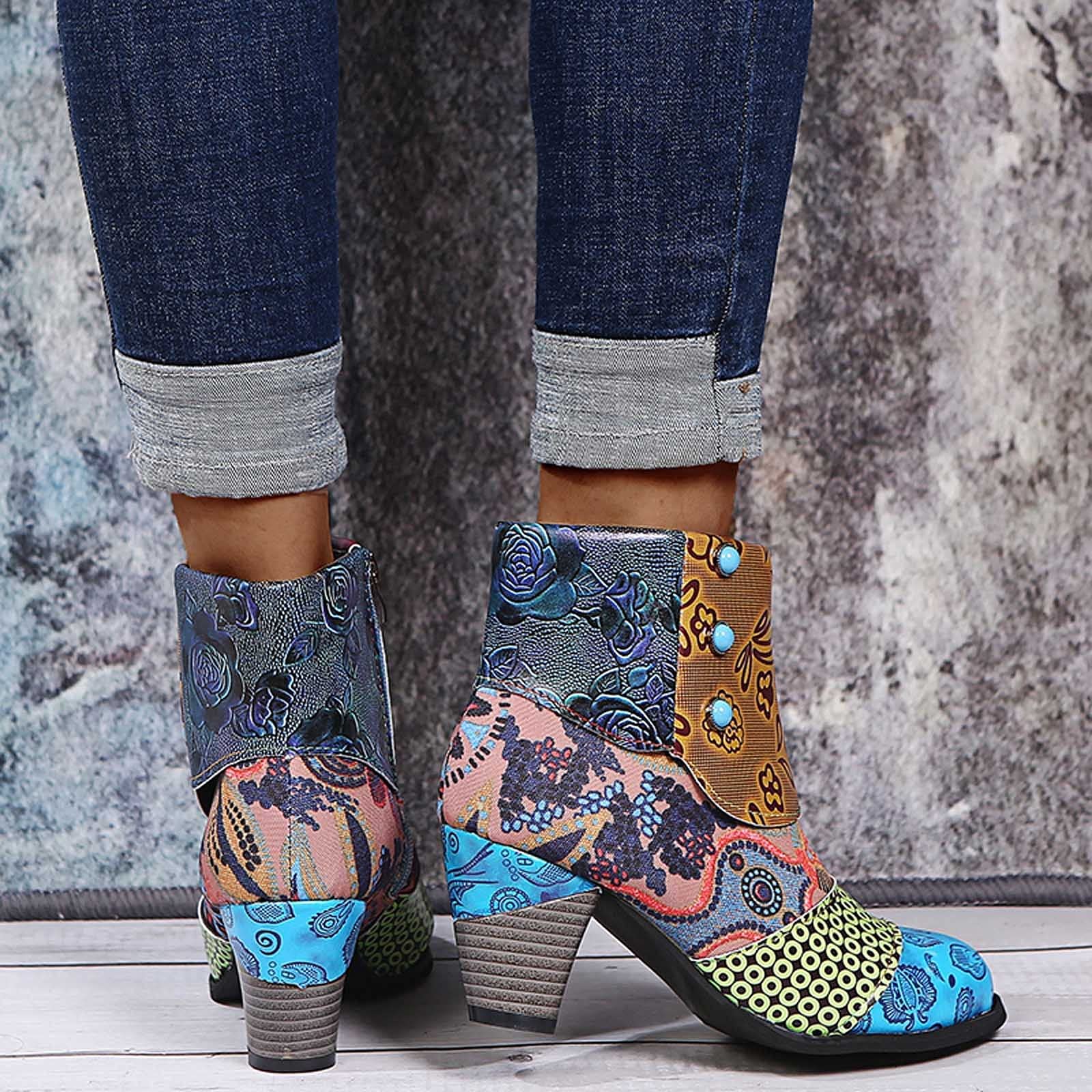 HOODUO Botas Vaqueras Mujer,Botas Altas Mujer Comodos Casual Antideslizante Botines Bordado Botines Trekking Trekking Zapatos con Plataforma Outdoor