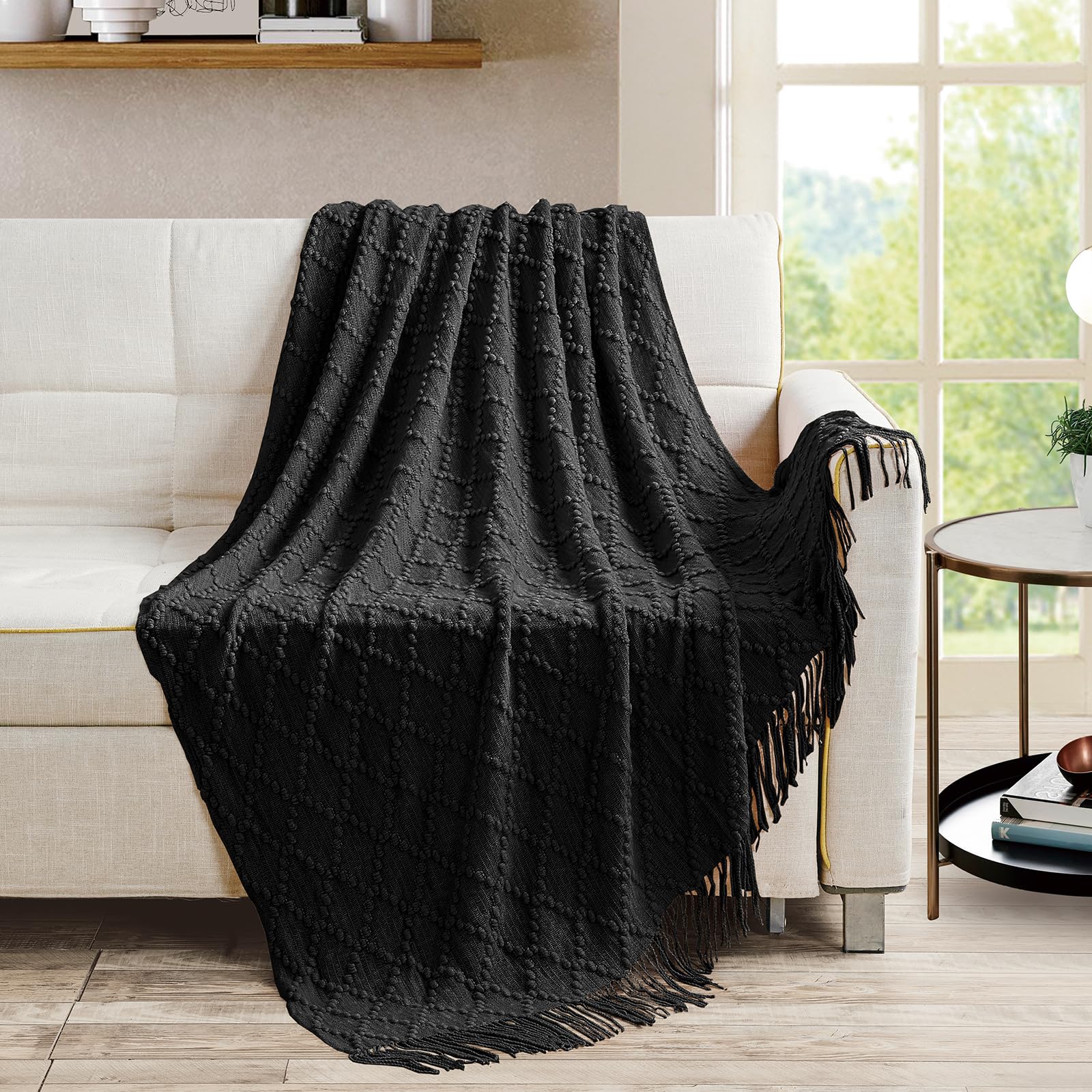 BOURINA Throw Blanket Textured Solid Soft Throws and Blankets for Sofa or Bed Knitted Decorative Blanket 127x178cm Black - Image 2