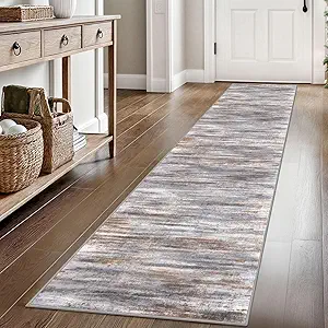 KOZYFLY Modern Abstract Hallway Runner Rug, 2x8 Kitchen Rugs Non-Slip Washable Soft Striped Kitchen Runner Rugs, Print Distressed Grey Brown Carpet Runner for Entryway Bathroom Laundry Room Foyer