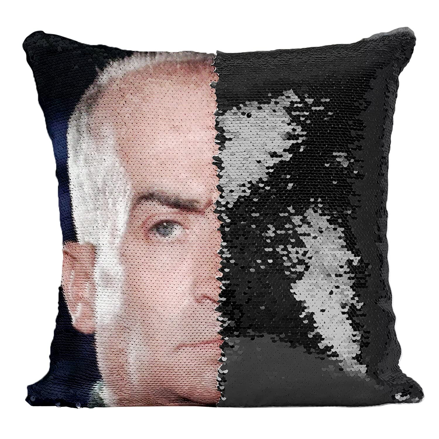 Coussin Louis De Funès paillettes housse sequin noir idée cadeau cinéphile