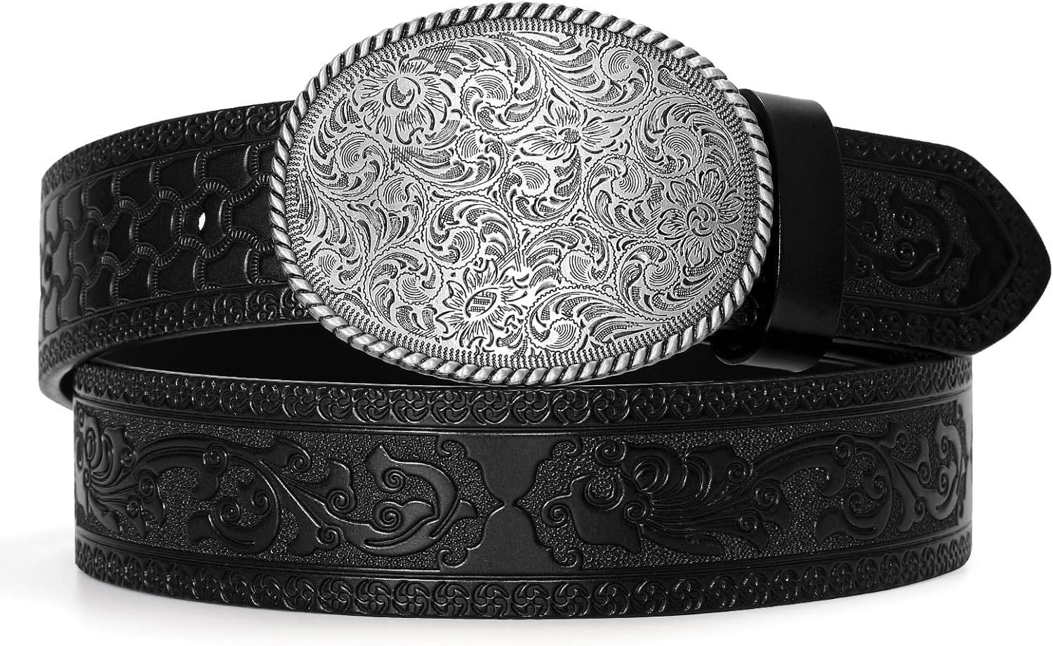 TRIWORKS Western Leather Buckle Belt for Men Women Cowboy Cowgirl Mens Leather Belt for Jeans A-black Fit Size 29"-33"