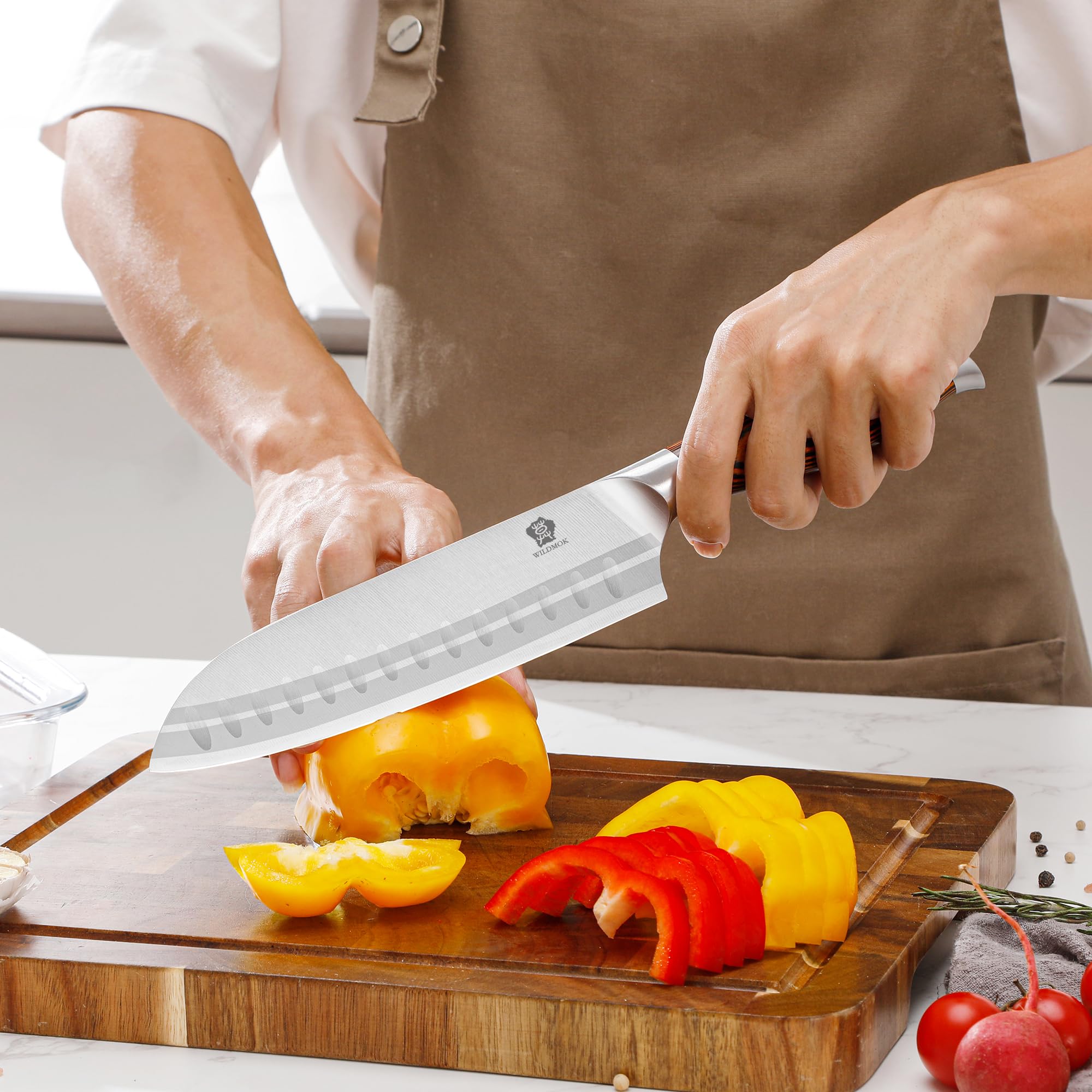 WILDMOK Set di coltello 7pc, Set di coltello tedesco Chef Chef, prezioso manico Pakkawood per Set di coltello da cucina