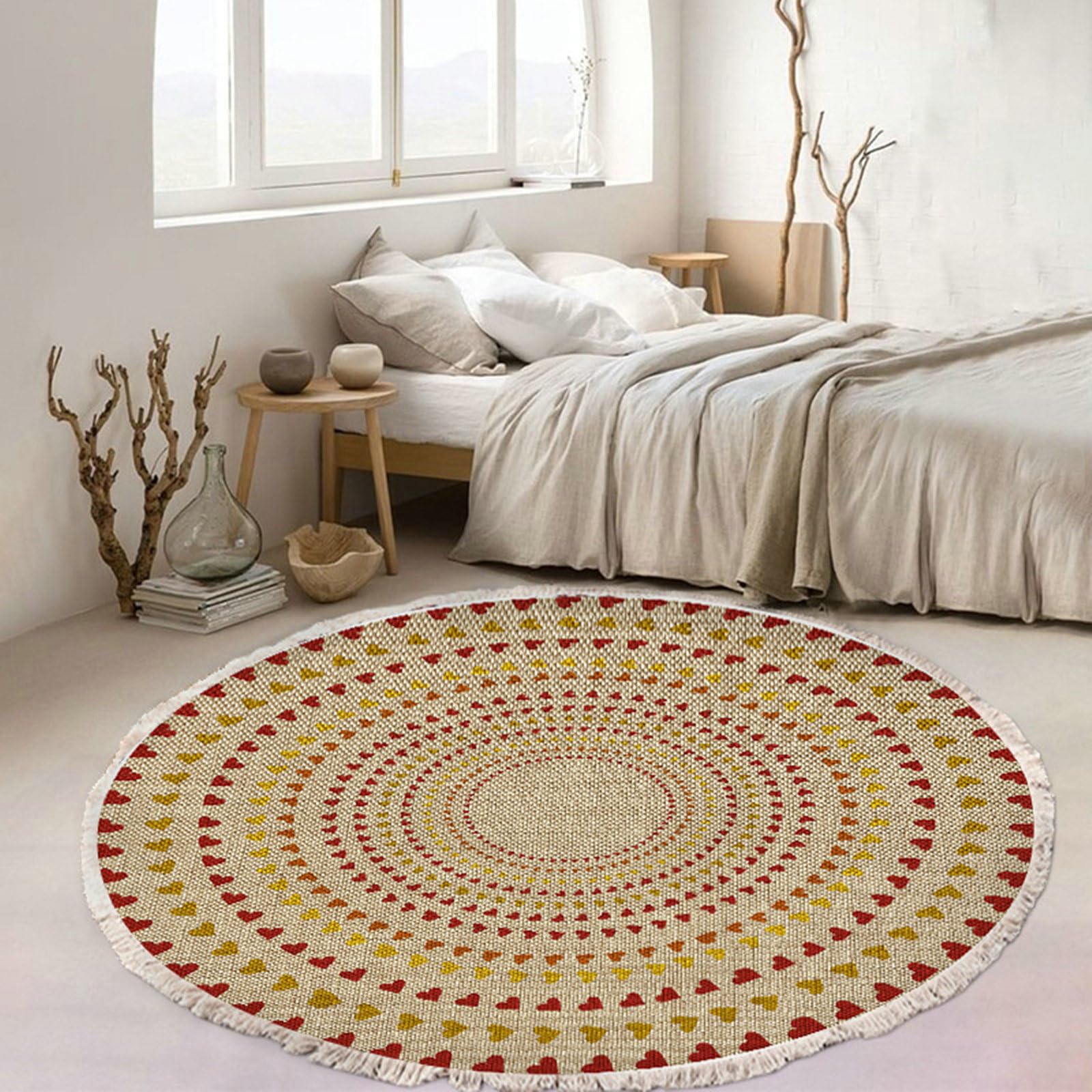 Tappeto Rotondo Grande Salotto, Rotondo Modello a cuore in Poliestere Soggiorno Tappeti Camera da Letto Vintage Salotto, Rosso Giallo, Stile 2, 200cm