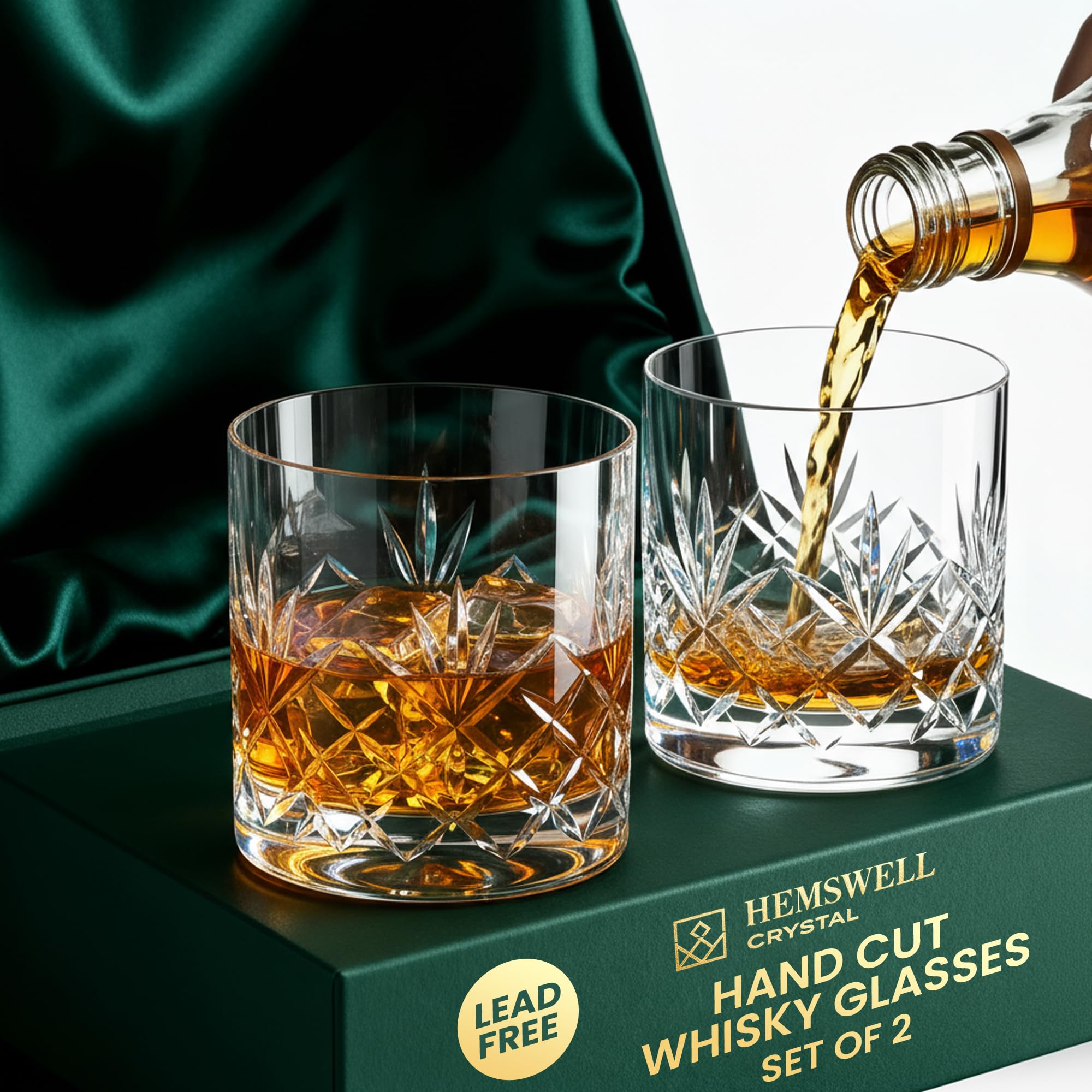 Hemswell Crystal Whiskey Glasses Set of 2 for Men and Women - 11oz Crystal Rocks Bourbon Glasses - Old Fashioned Glass for Whisky - Satin Lined Box - Glenrigg
