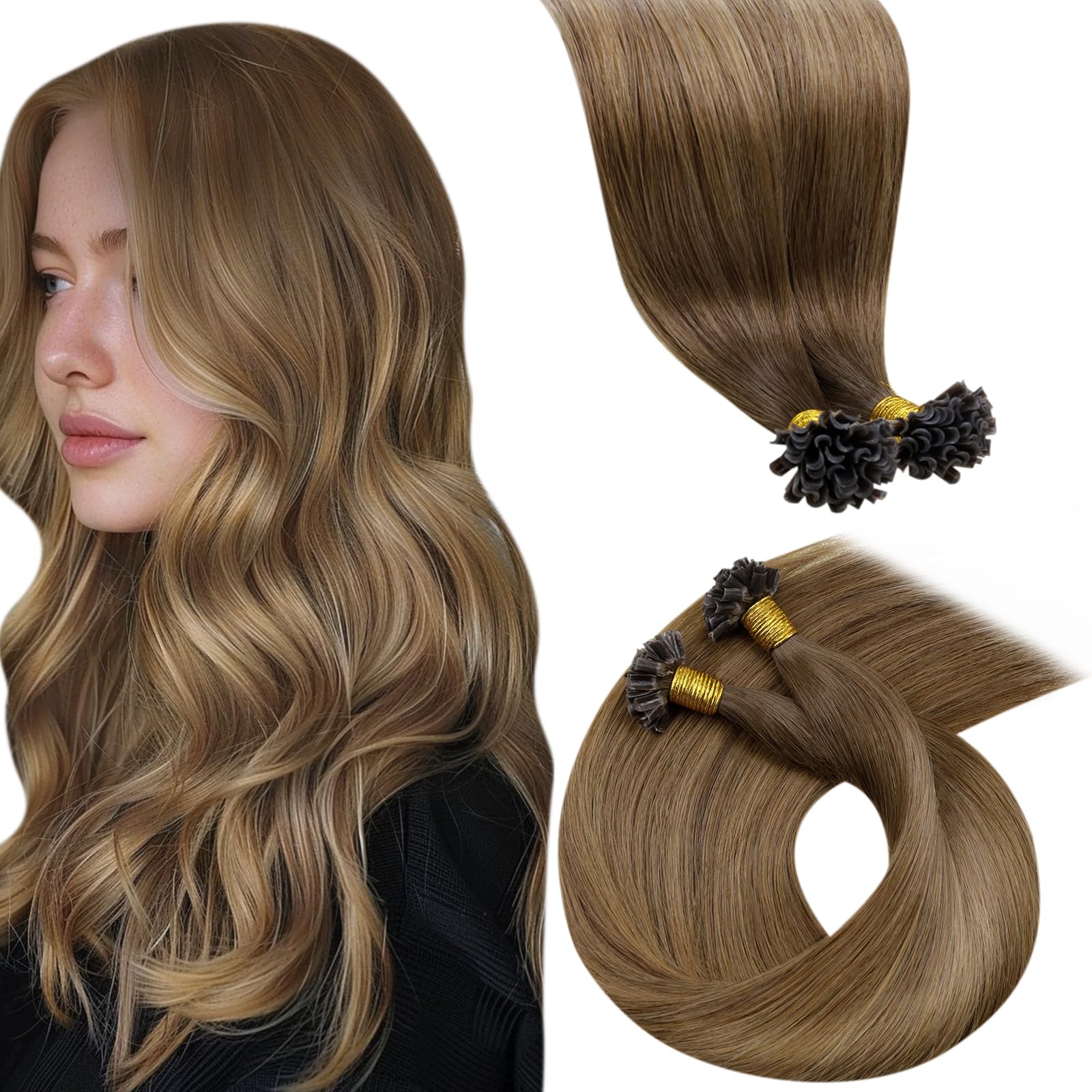 LaaVoo Brown Hair Extensions U Tip Real Human Hair, Remy Straight Balayage Brown Shadows Real Hair Extensions
