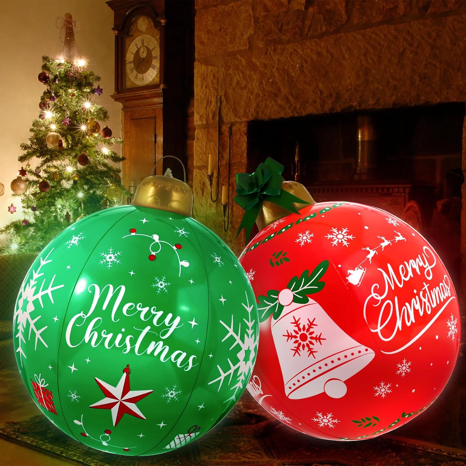 WENNSAI 2PCS Light Up Inflatable Christmas Balls 24'' Large PVC Blow Up Holiday Decorations with LED Lights & Remote Outdoor Yard, Lawn, Tree, Pool Ornaments for Xmas - Image 4