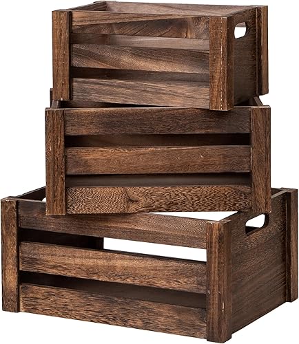 Cajas grandes de madera negra vintage para exhibición,Juego de 3 cajas de madera con asas,Cajas de madera rústicas hechas a mano para almacenamiento