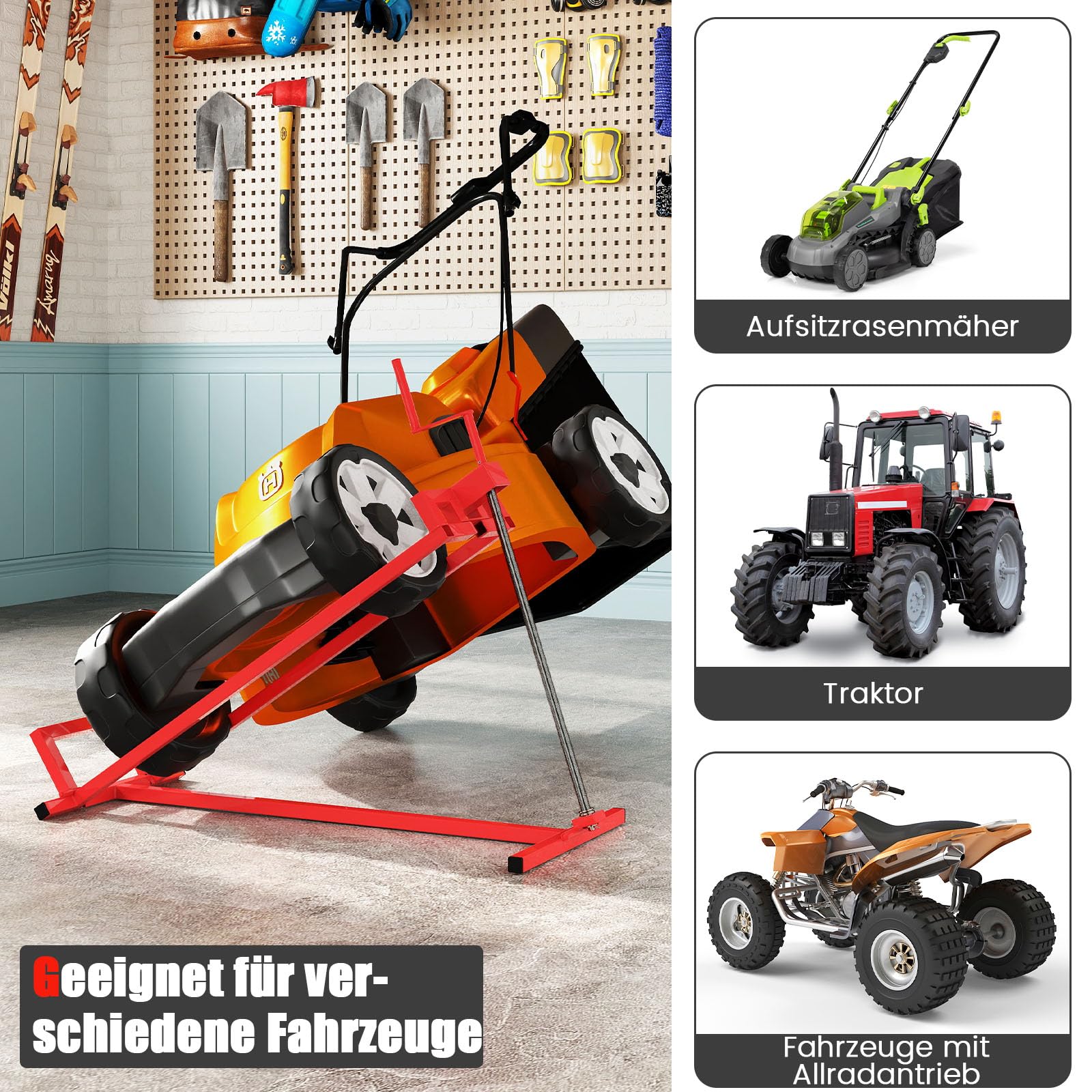 COSTWAY Rasentraktor Heber Hebevorrichtung, bis 400 kg, 45° stufenlos verstellbar, faltbar, Hebebühne Metall, Rot