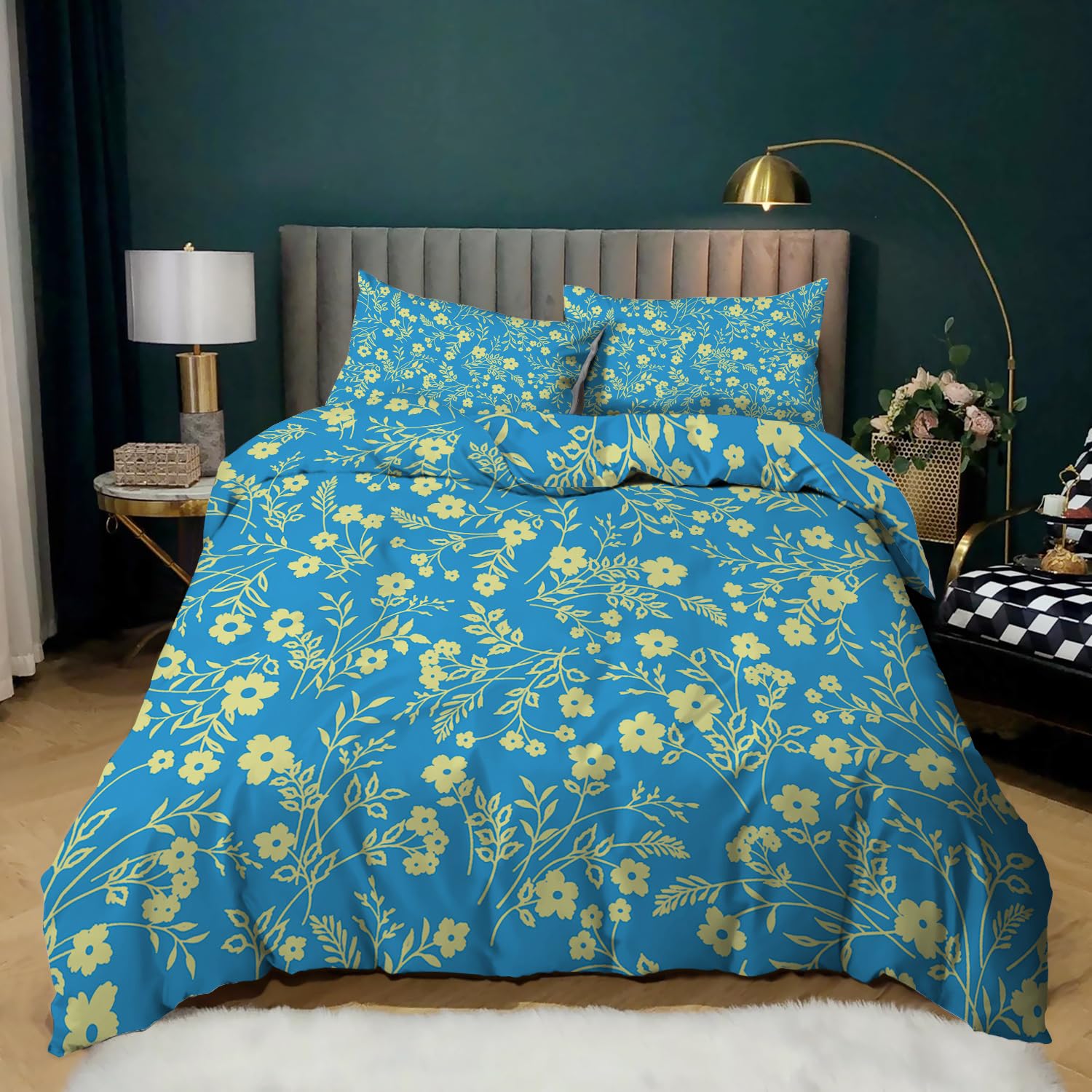 Housse de couette 220x240 fleurs bleues et jaunes en microfibre avec 2 taies de lit