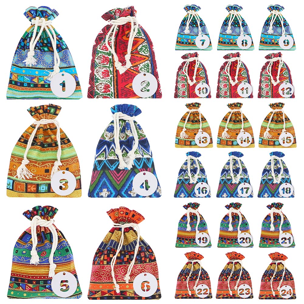 LZYMSZ 24PCS Drawstring Gift Bag, Drawstring Pouch Ethnic Style Jewelry Coin Pouches, Burlap Reusable Sachet Grocery Bags with 24 Lables for Christmas, Candy, Snacks,Party (10*15)