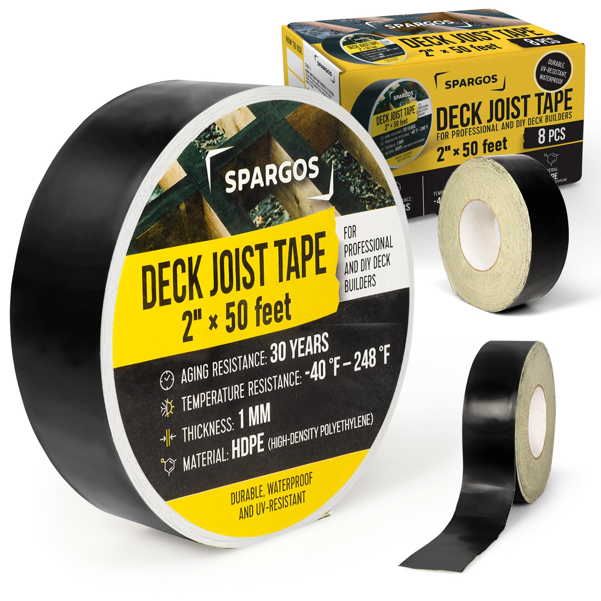 SPARGOS Deck Joist Tape for Decking, Black, 2' x 50" Feet Roll, 8-Pack – Self-Adhesive Butyl Waterproof Flashing Tape, Protects Deck Beams from Rot