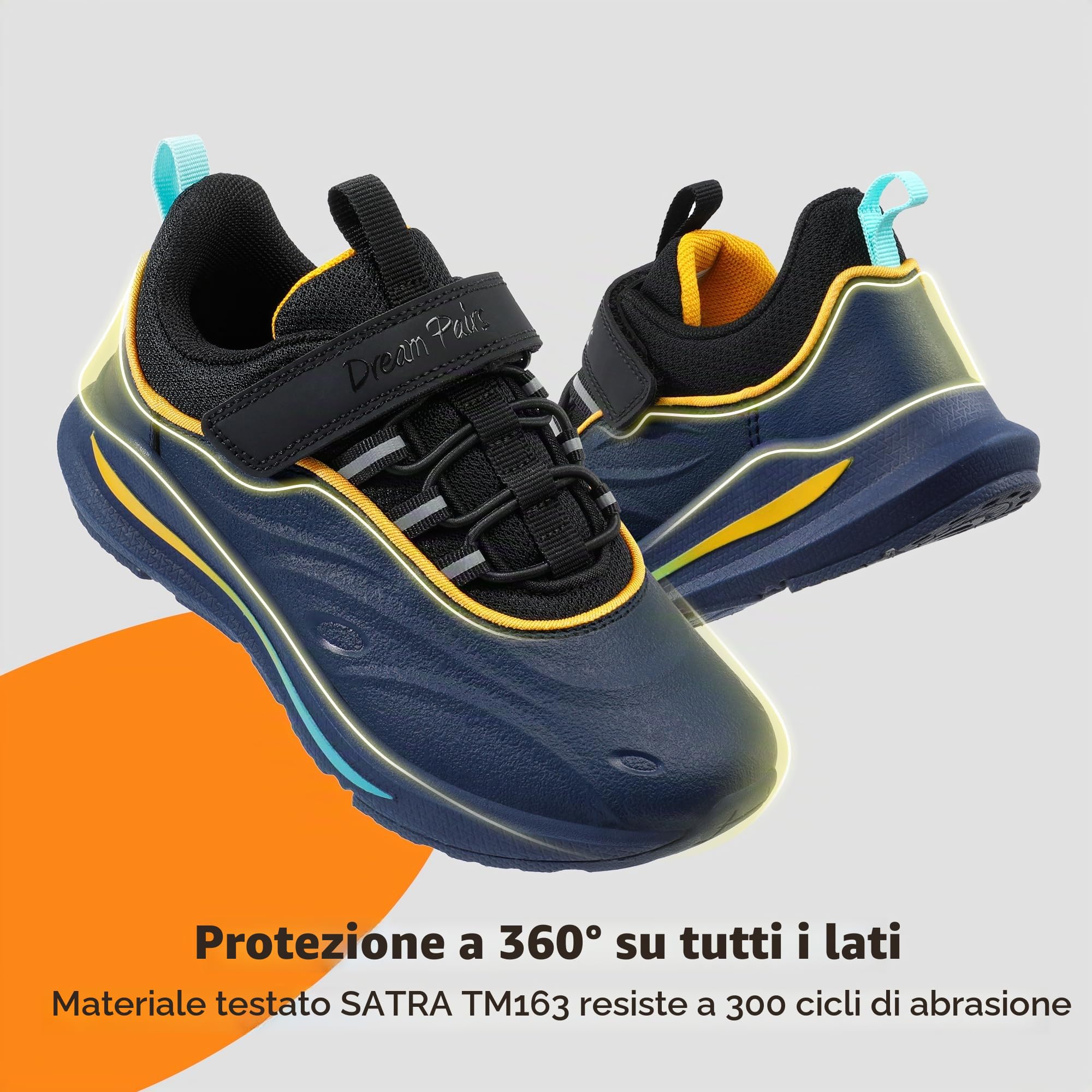 DREAM PAIRS Sneakers Bambini Sportive | Materiale anti-collisione, tomaia idrorepellente, suola EVA con inserti gomma, nastro riflettente, chiusura a strappo.